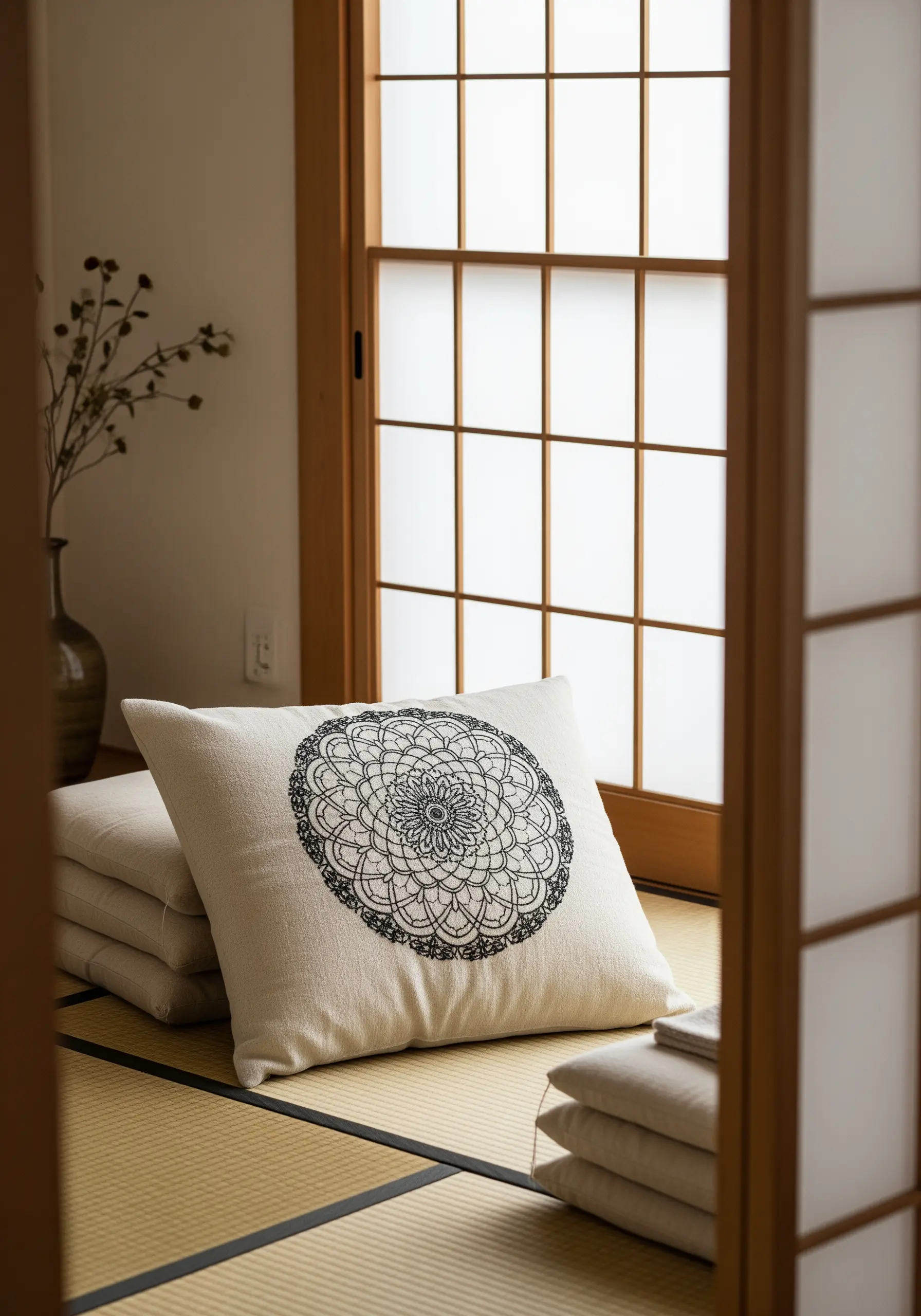 A graphic black line-art mandala embroidered on a natural linen cushion in a Japanese-style room.