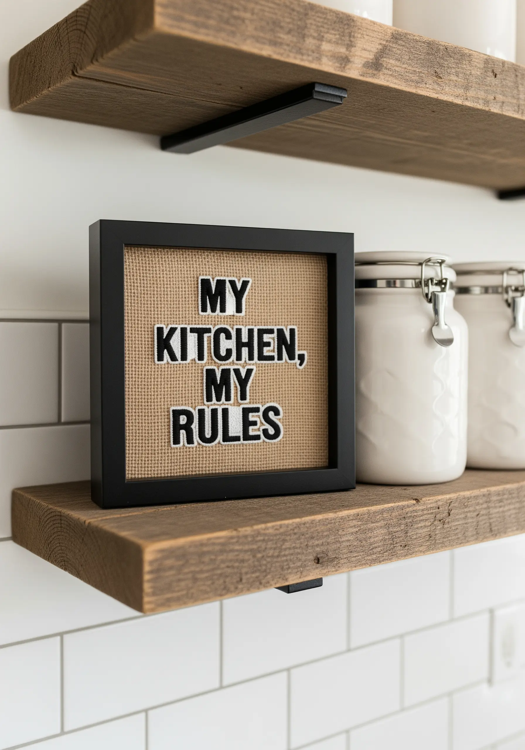 A framed quote on burlap using black and white felt letters for a retro look.