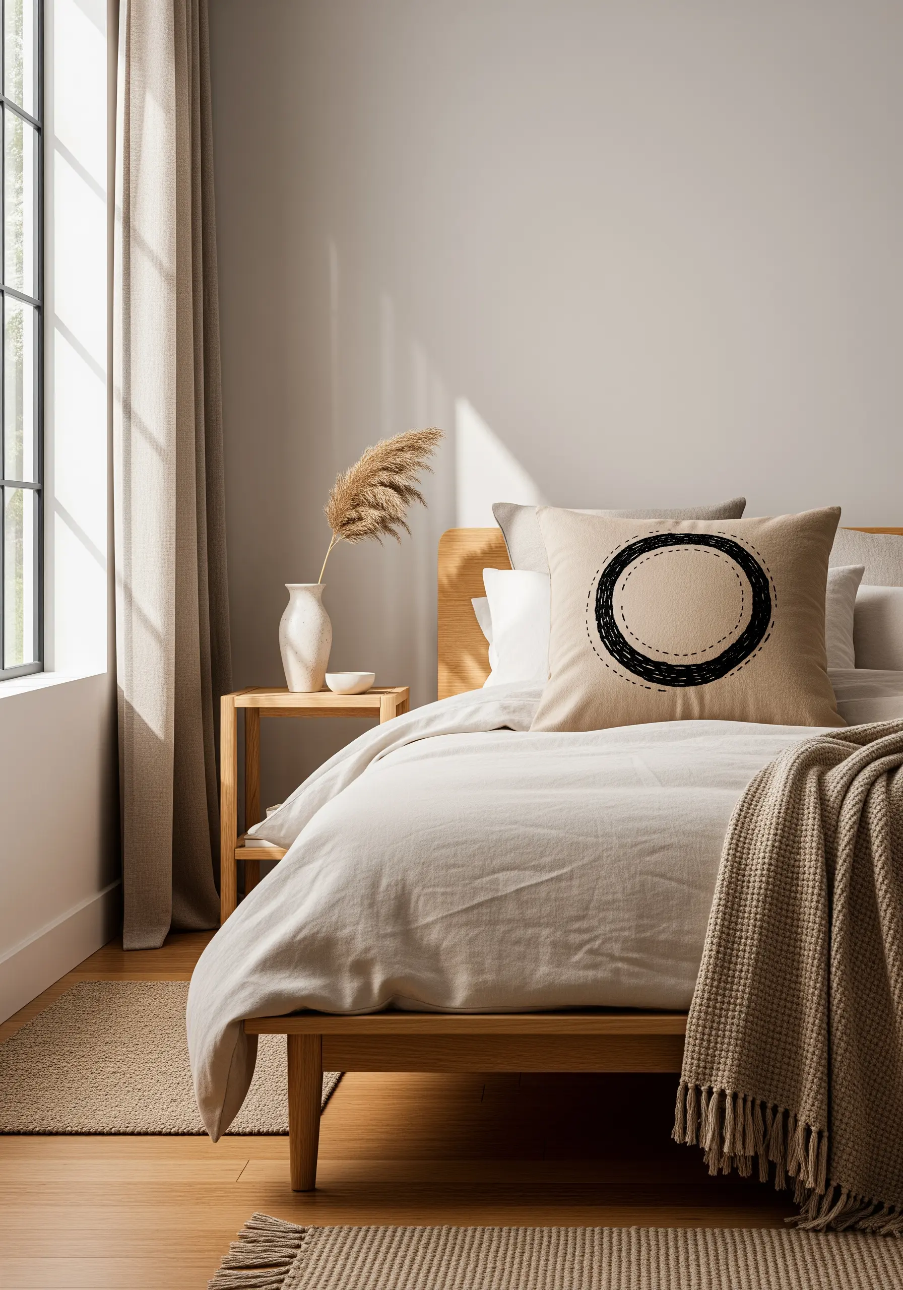 A roughly stitched black circle on a beige pillow, creating a sketchy, hand-drawn look.