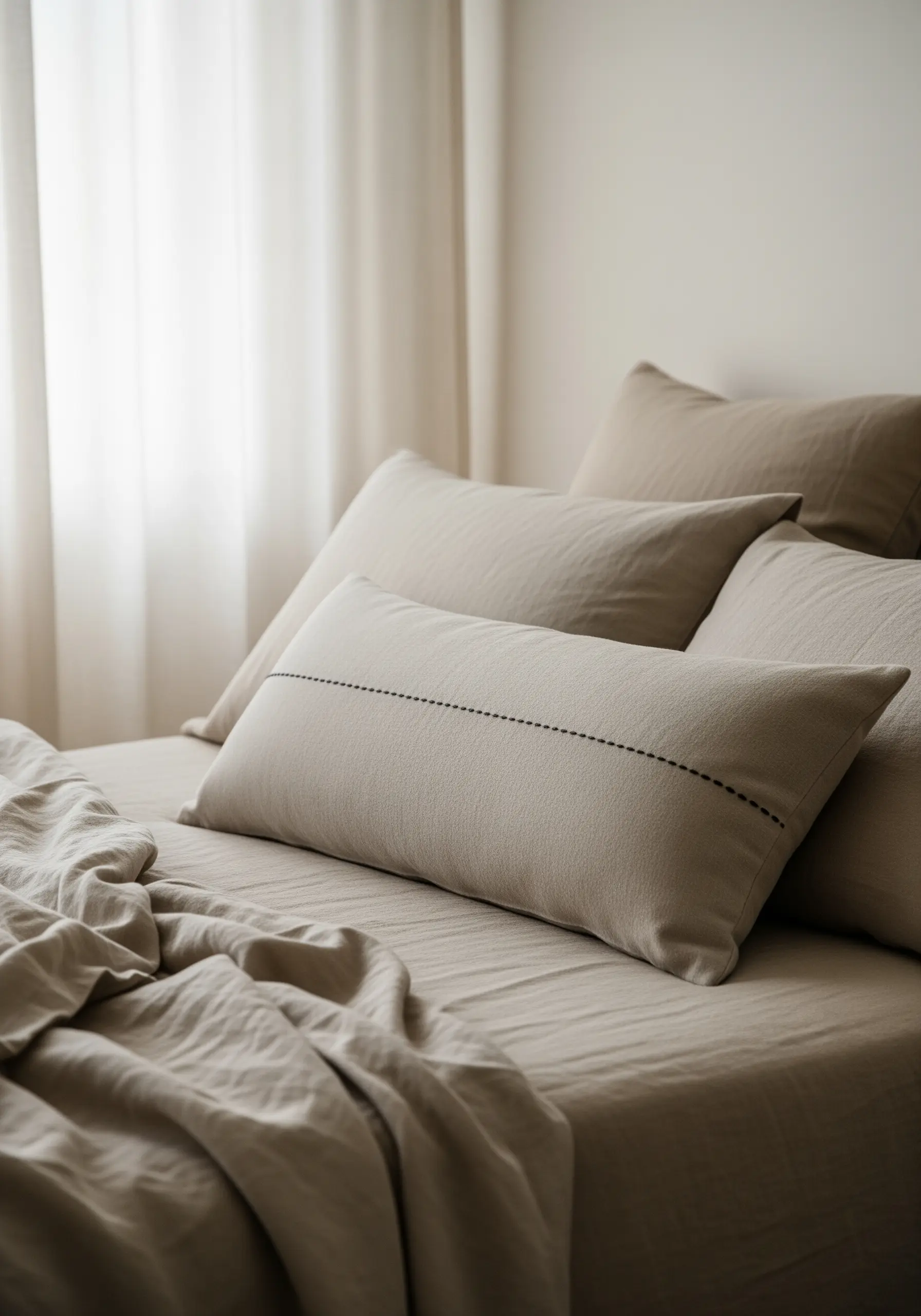 A beige lumbar pillow with a single, horizontal dashed line stitched in dark thread.