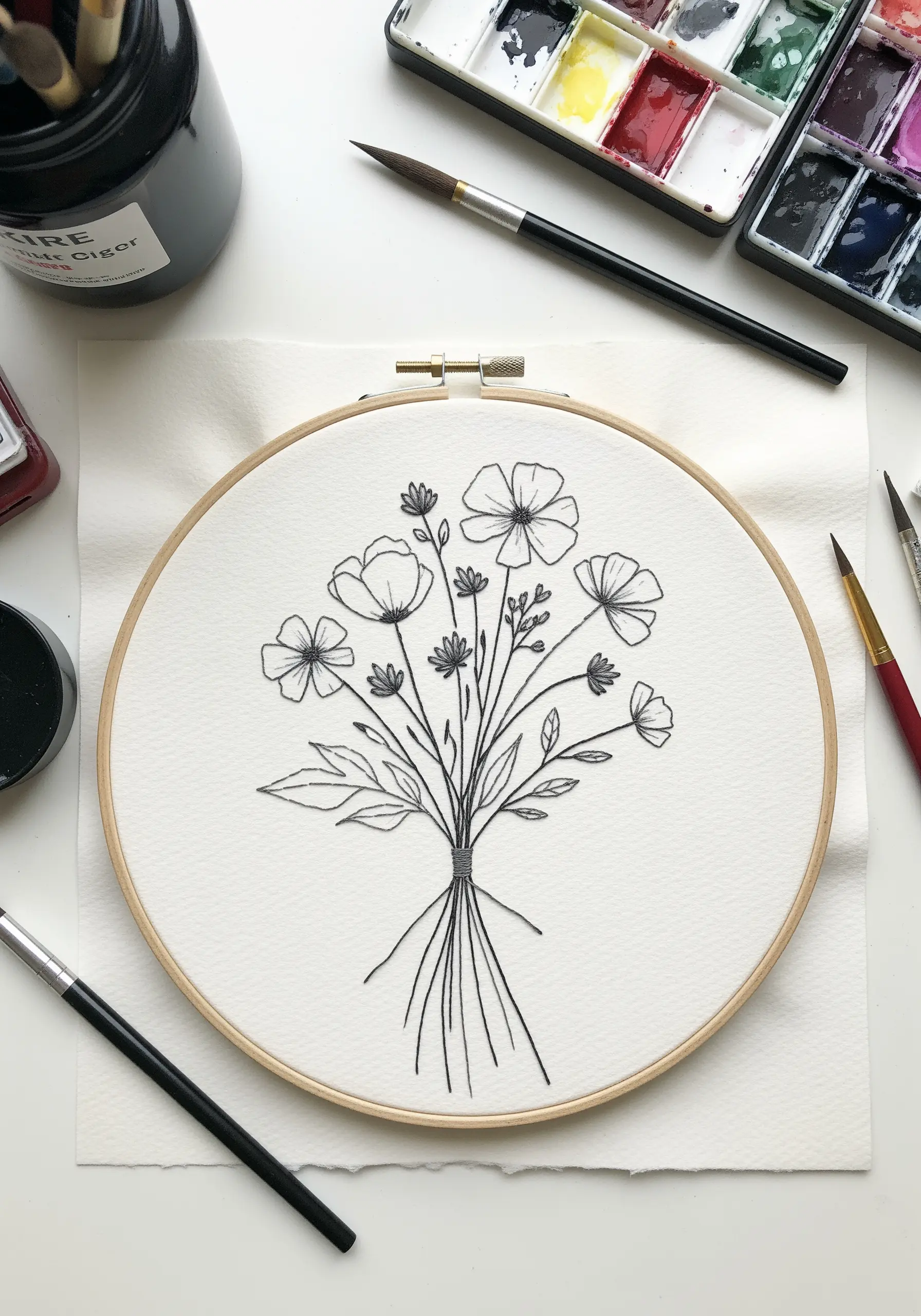 A simple line-art bouquet embroidered in black thread on white fabric, mimicking an ink sketch.