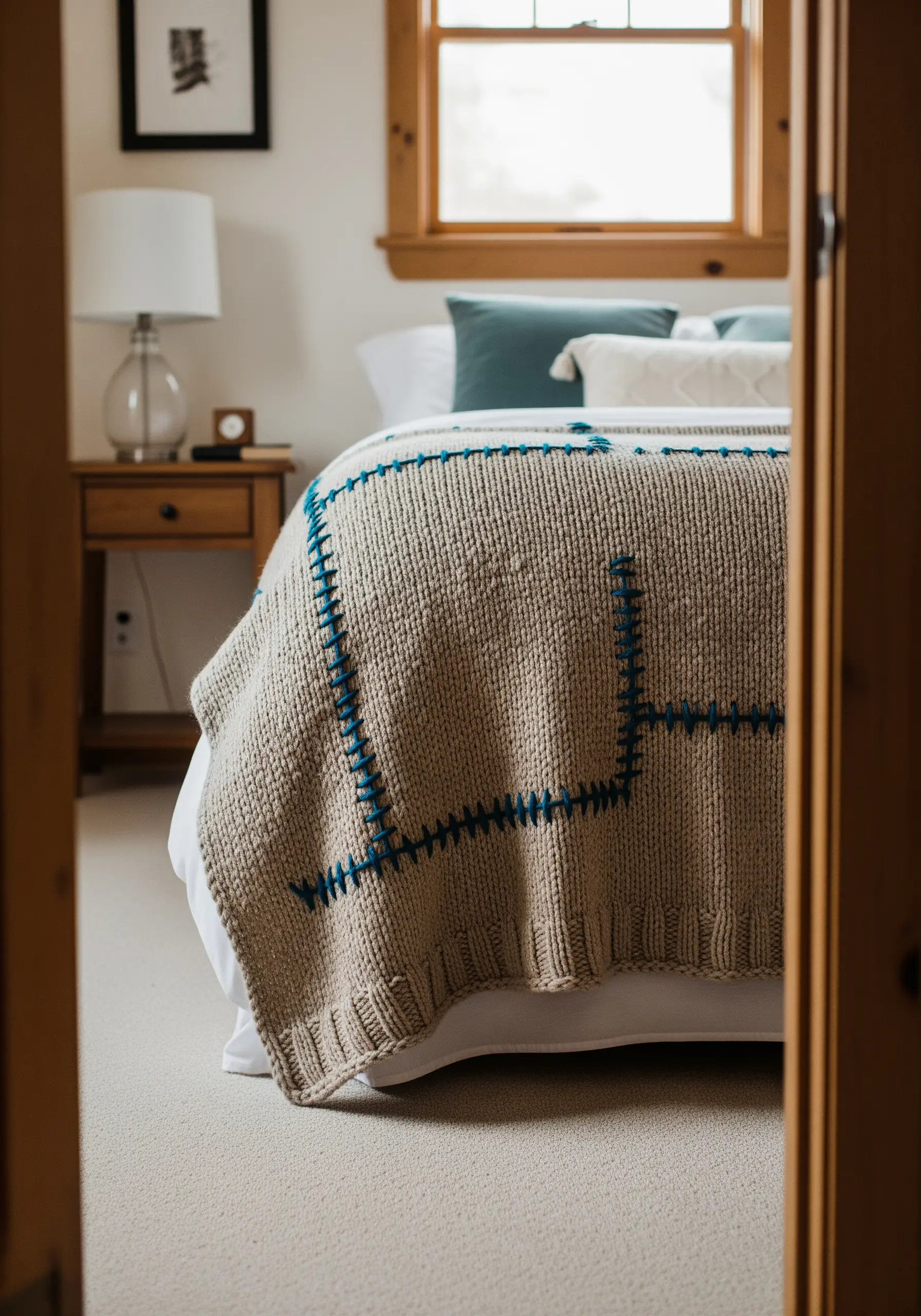 A beige knit blanket with large, decorative mending stitches in a bright blue yarn.