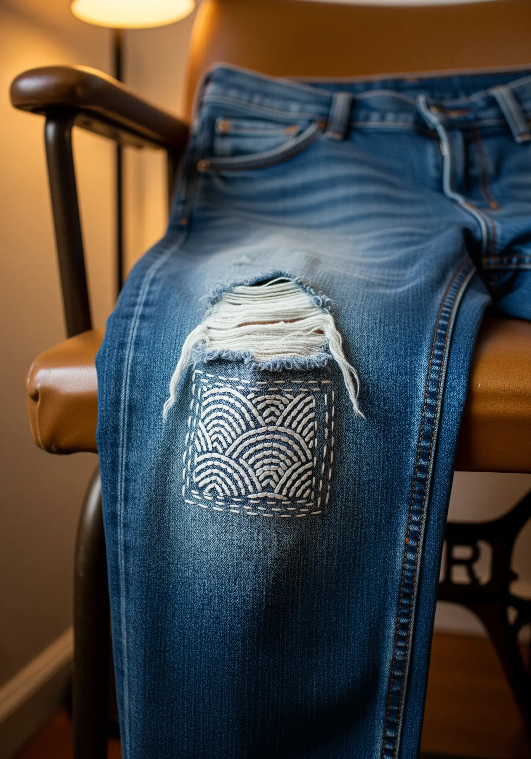 Sashiko visible mending with a geometric wave pattern on a pair of ripped blue jeans.