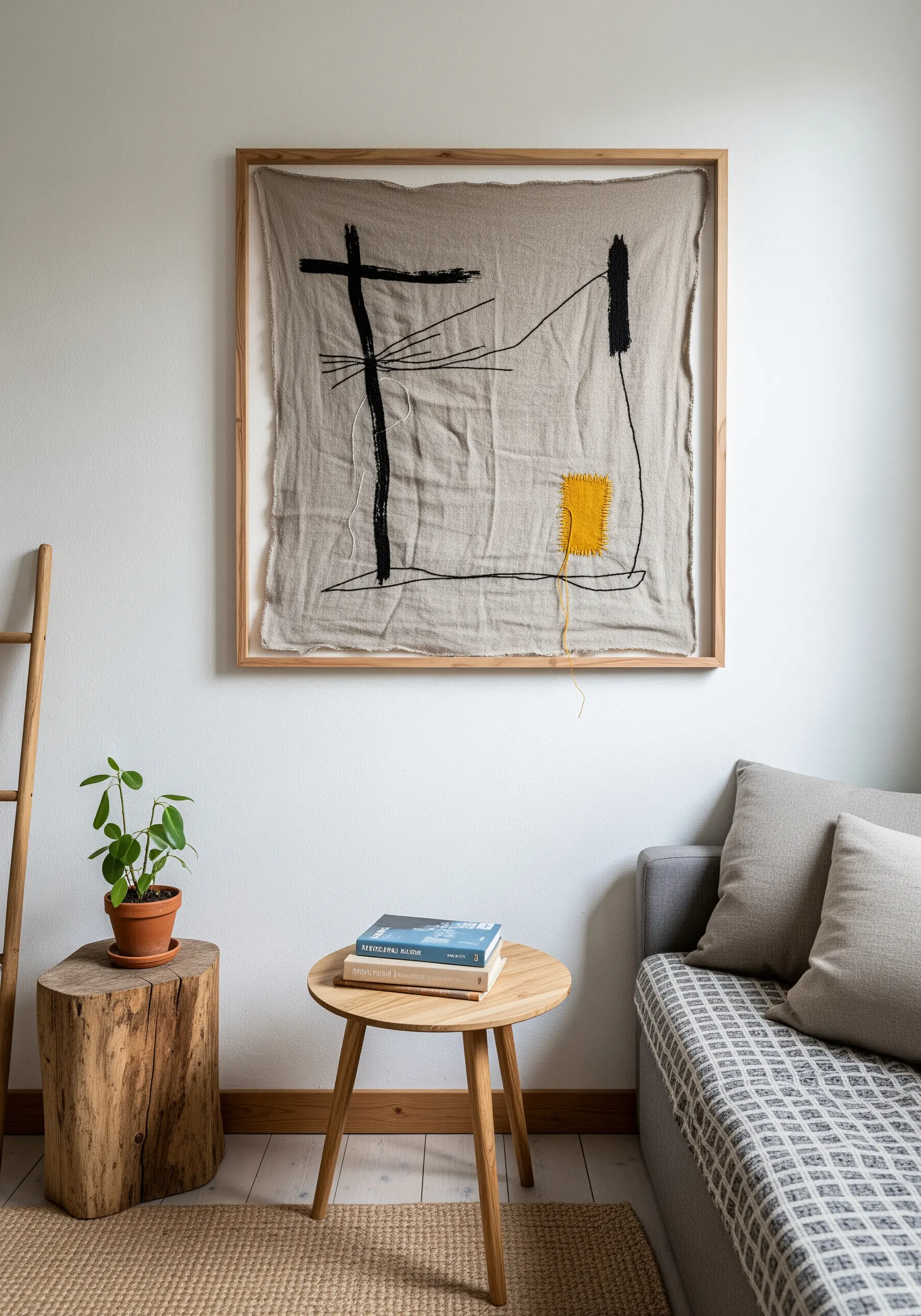 Abstract embroidery on raw linen with bold black lines and a small yellow patch.