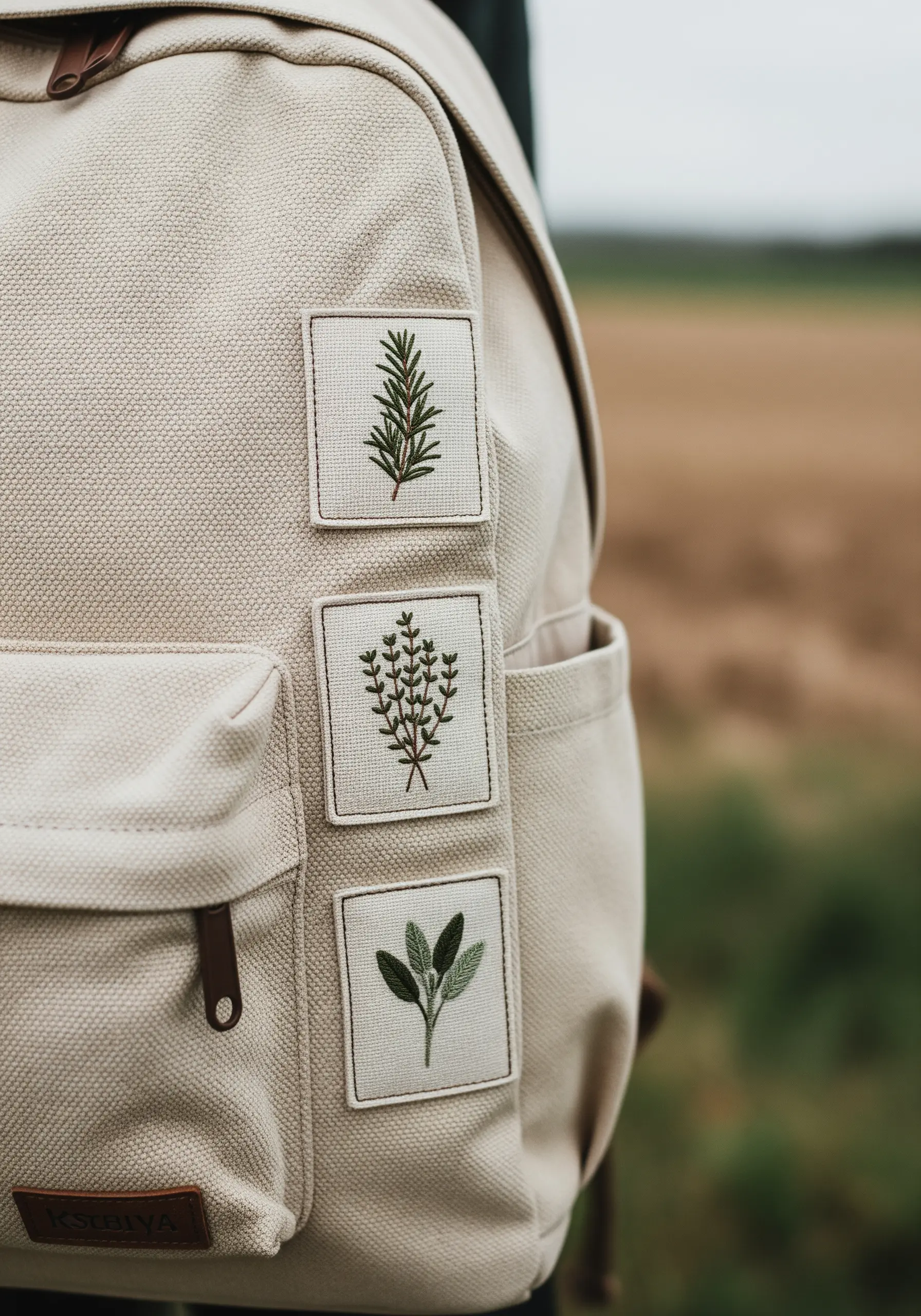 Three small, square embroidered patches of herbs (rosemary, thyme, sage) on a backpack.