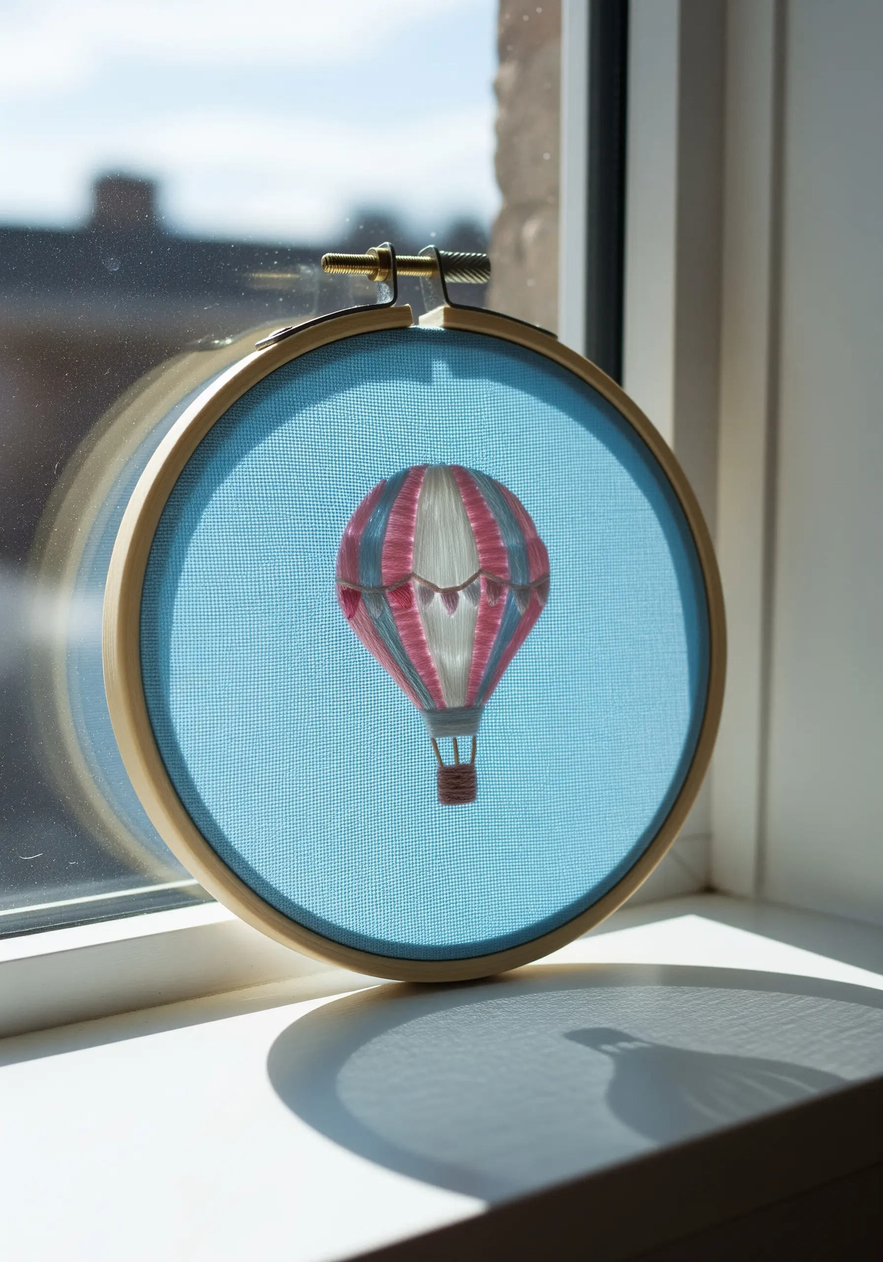 A hot air balloon with pink and white stripes embroidered on sheer blue fabric.