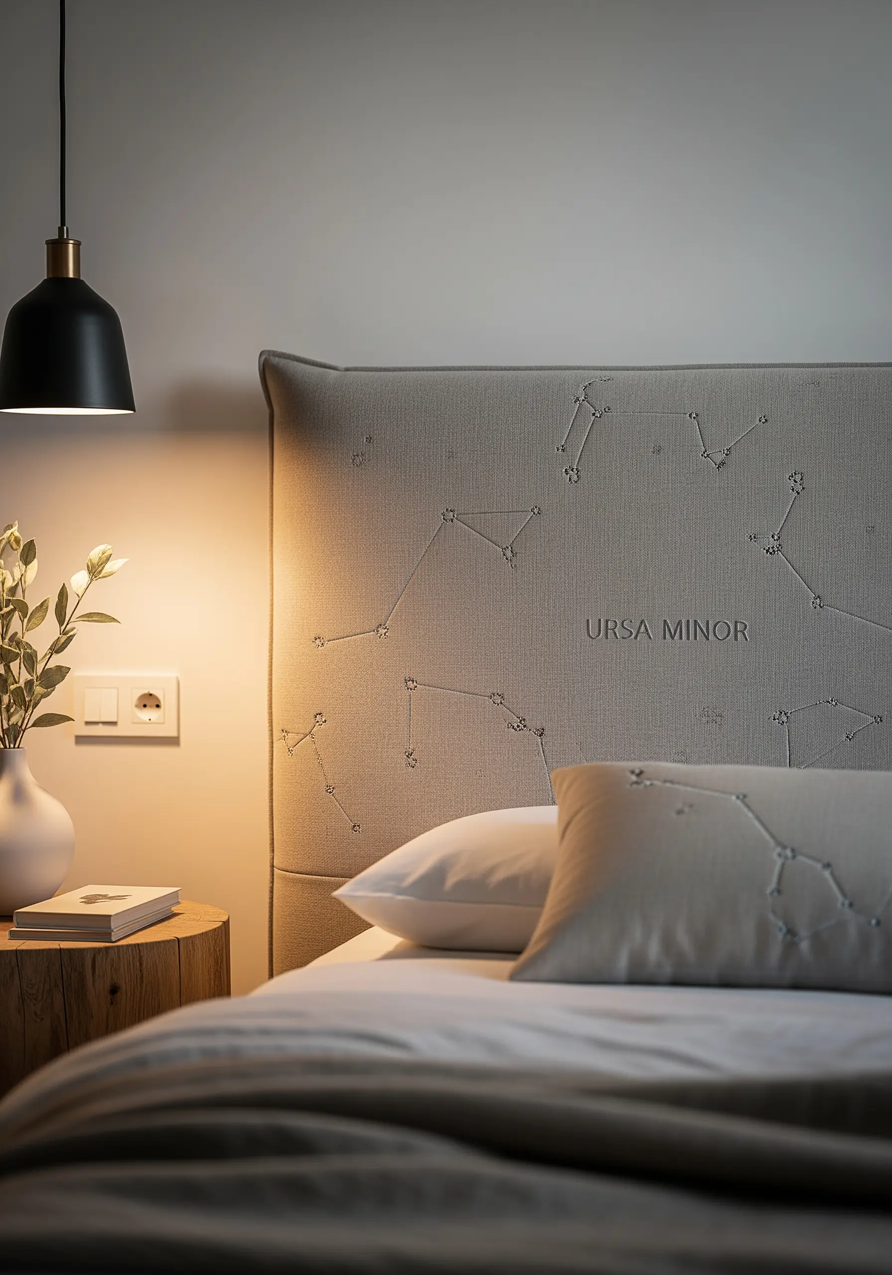 Constellation patterns and the words 'Ursa Minor' embroidered onto a gray upholstered headboard.