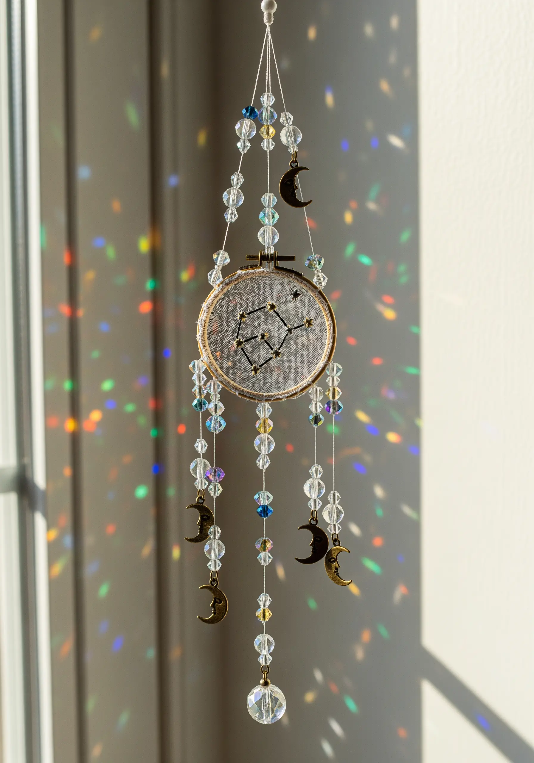 A constellation embroidered on sheer fabric in a hoop, decorated with hanging beads and charms.