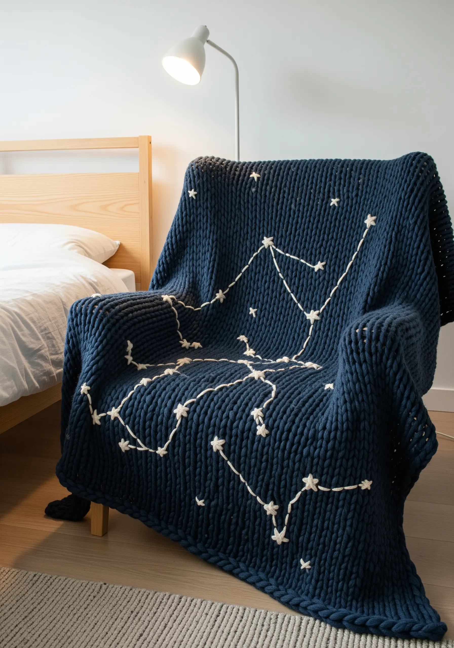 A chunky navy blue knit blanket with an embroidered constellation in white yarn.