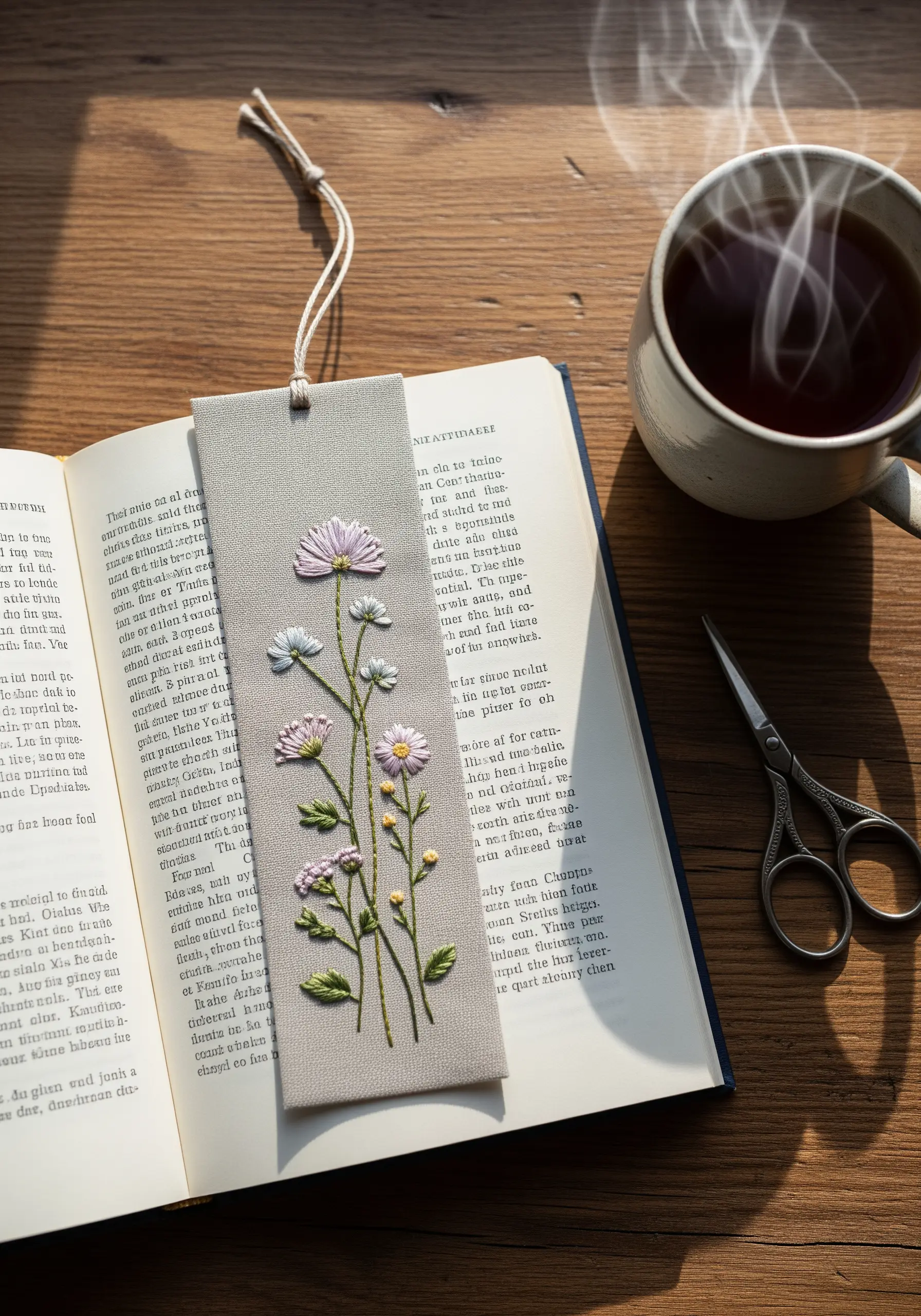 A hand-embroidered bookmark with delicate white and purple daisies on gray felt.