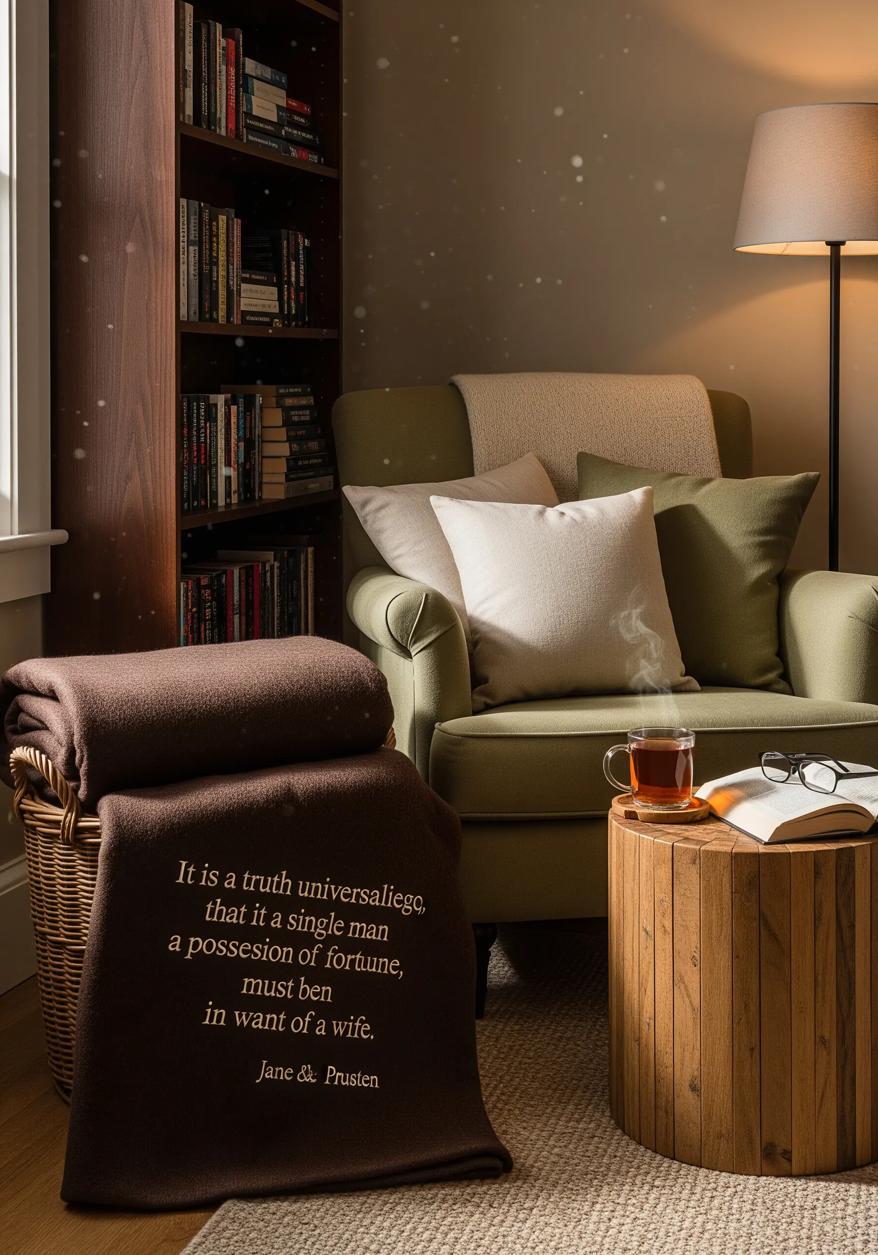 A literary quote from Jane Austen embroidered in a script font on a brown wool blanket.