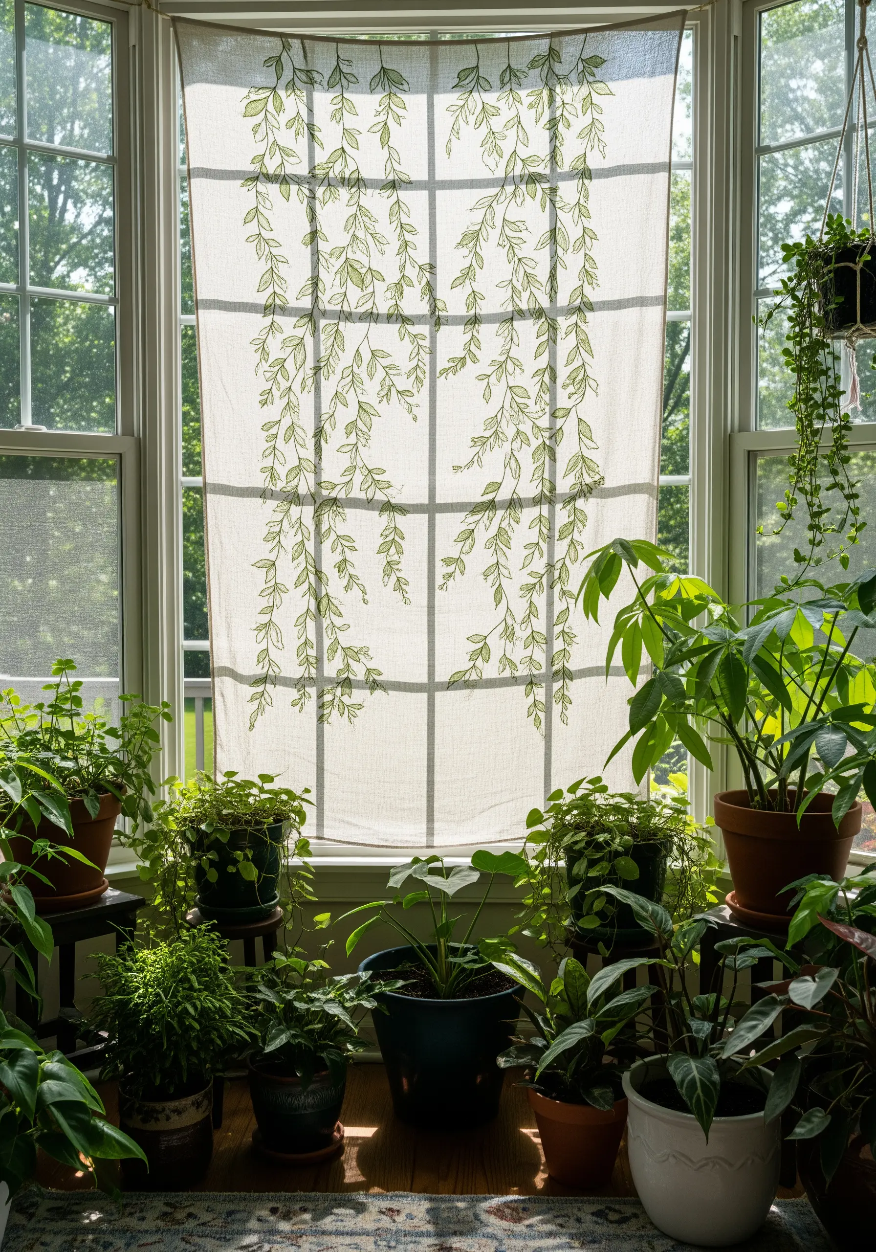A semi-sheer linen panel embroidered with green vines, hanging in a bright, plant-filled window.