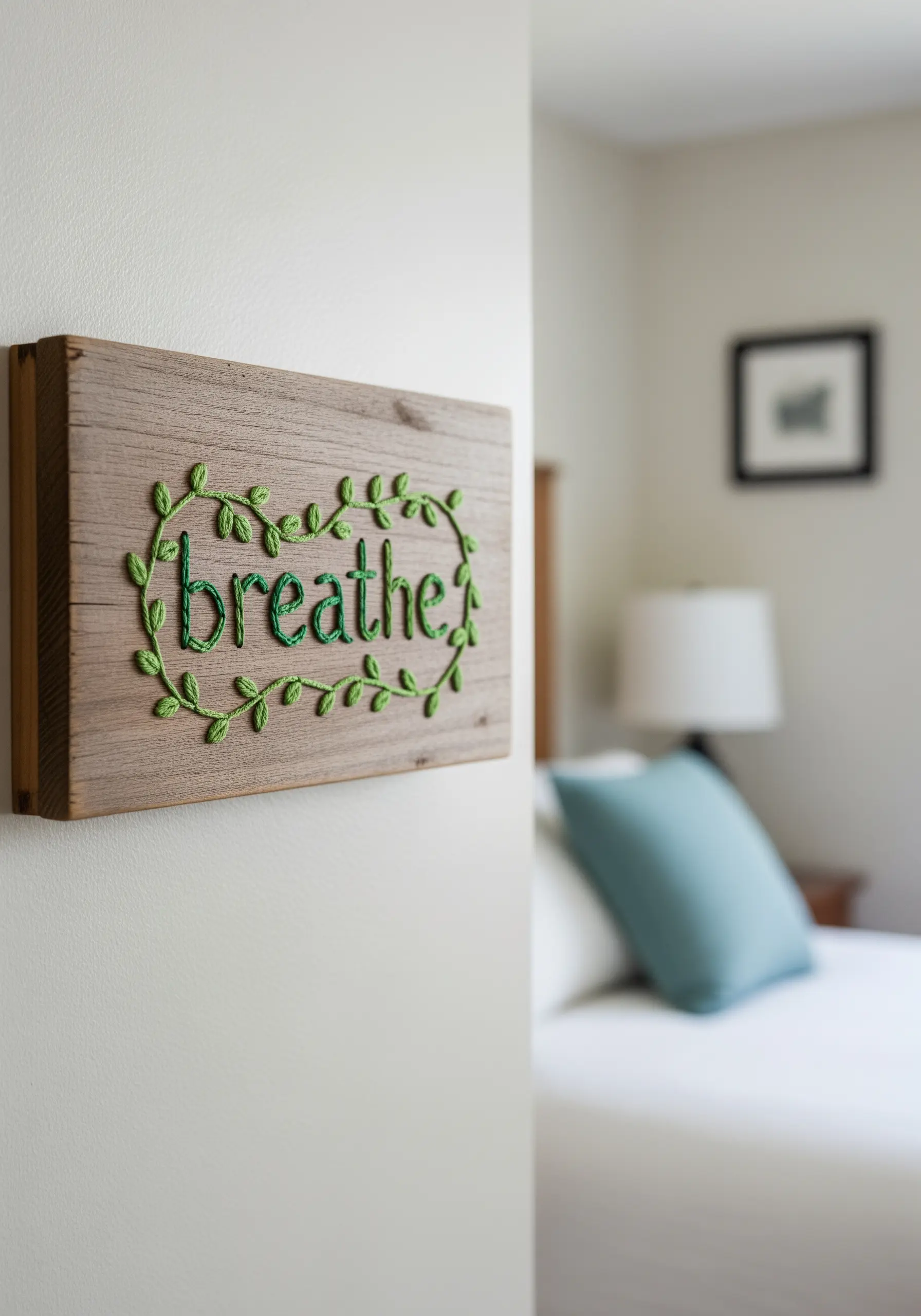 The word 'breathe' embroidered in green thread onto a wooden plaque on the wall.