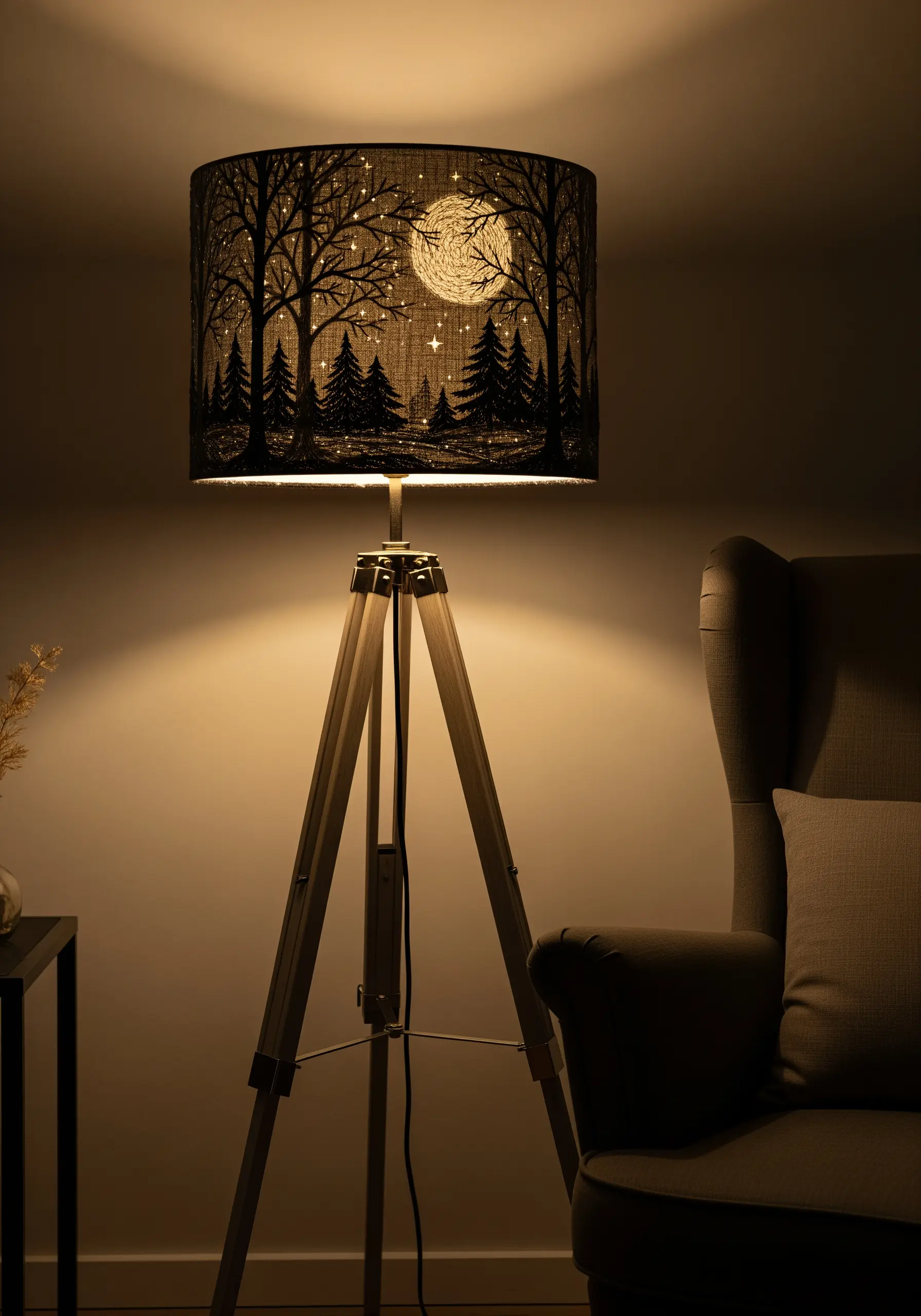 A drum lampshade with a detailed embroidered night forest scene, glowing warmly in a dark room.