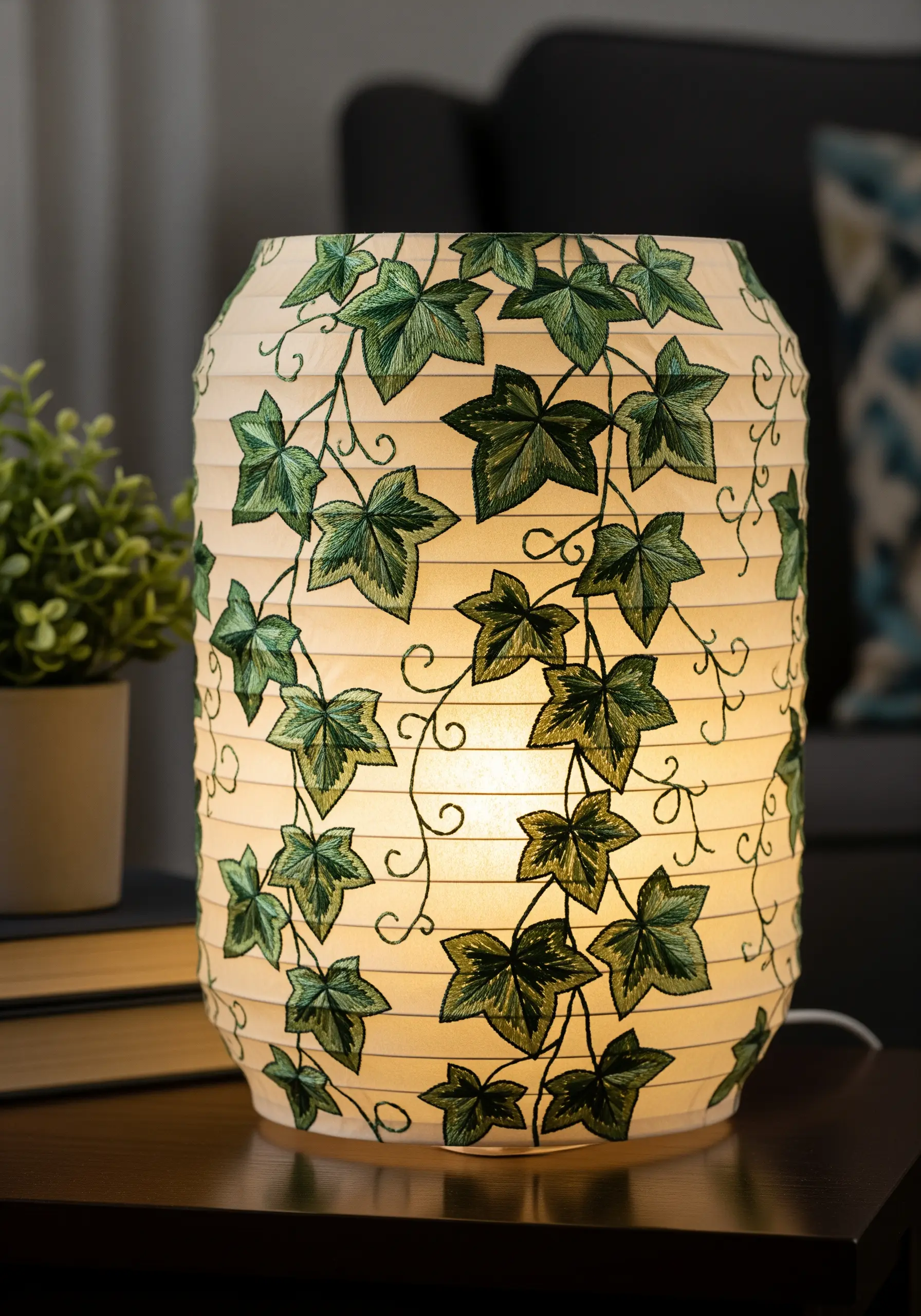 A cylindrical paper lantern illuminated from within, embroidered with green ivy leaves and vines.