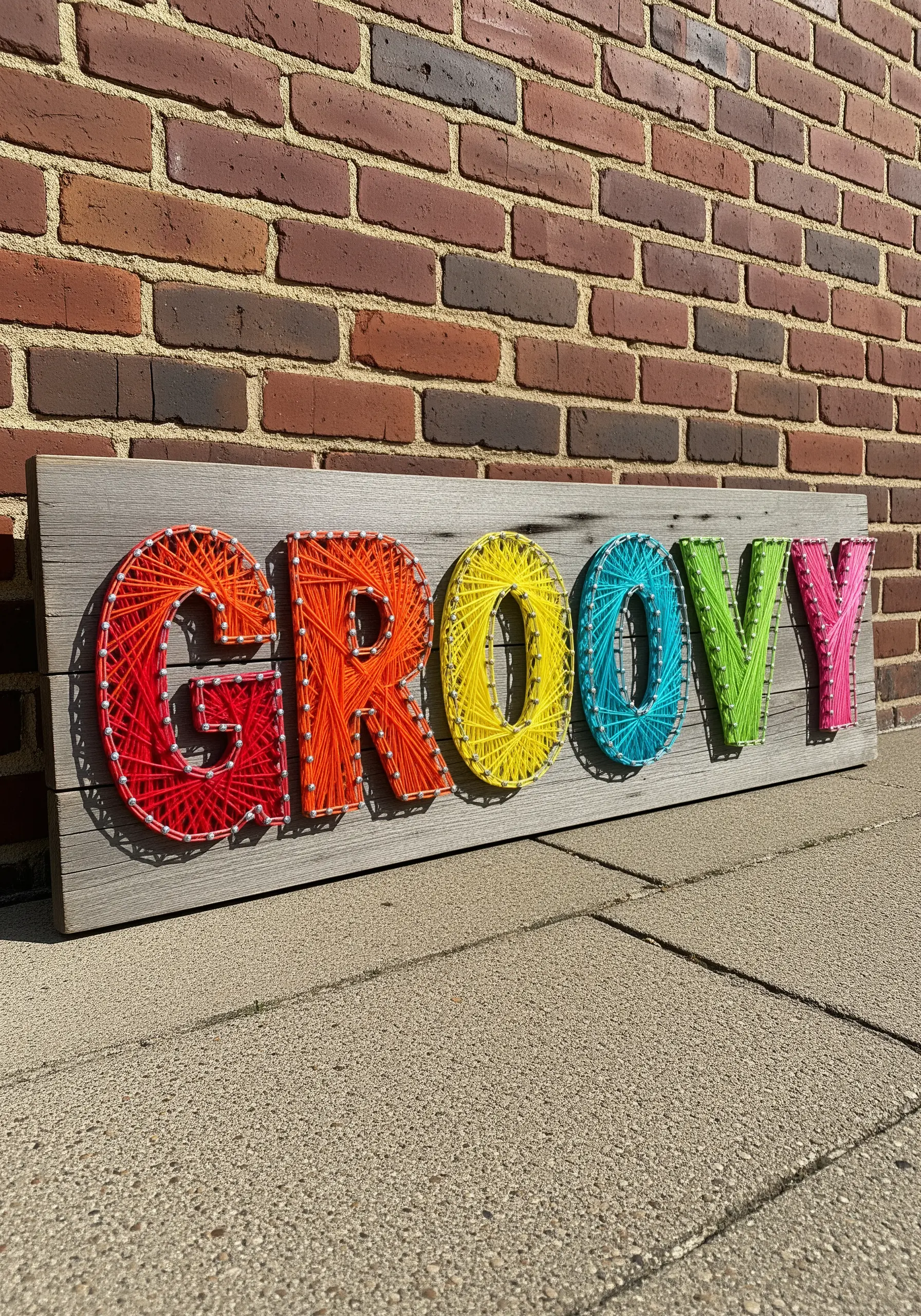 The word GROOVY in rainbow-colored string art on a rustic wood sign