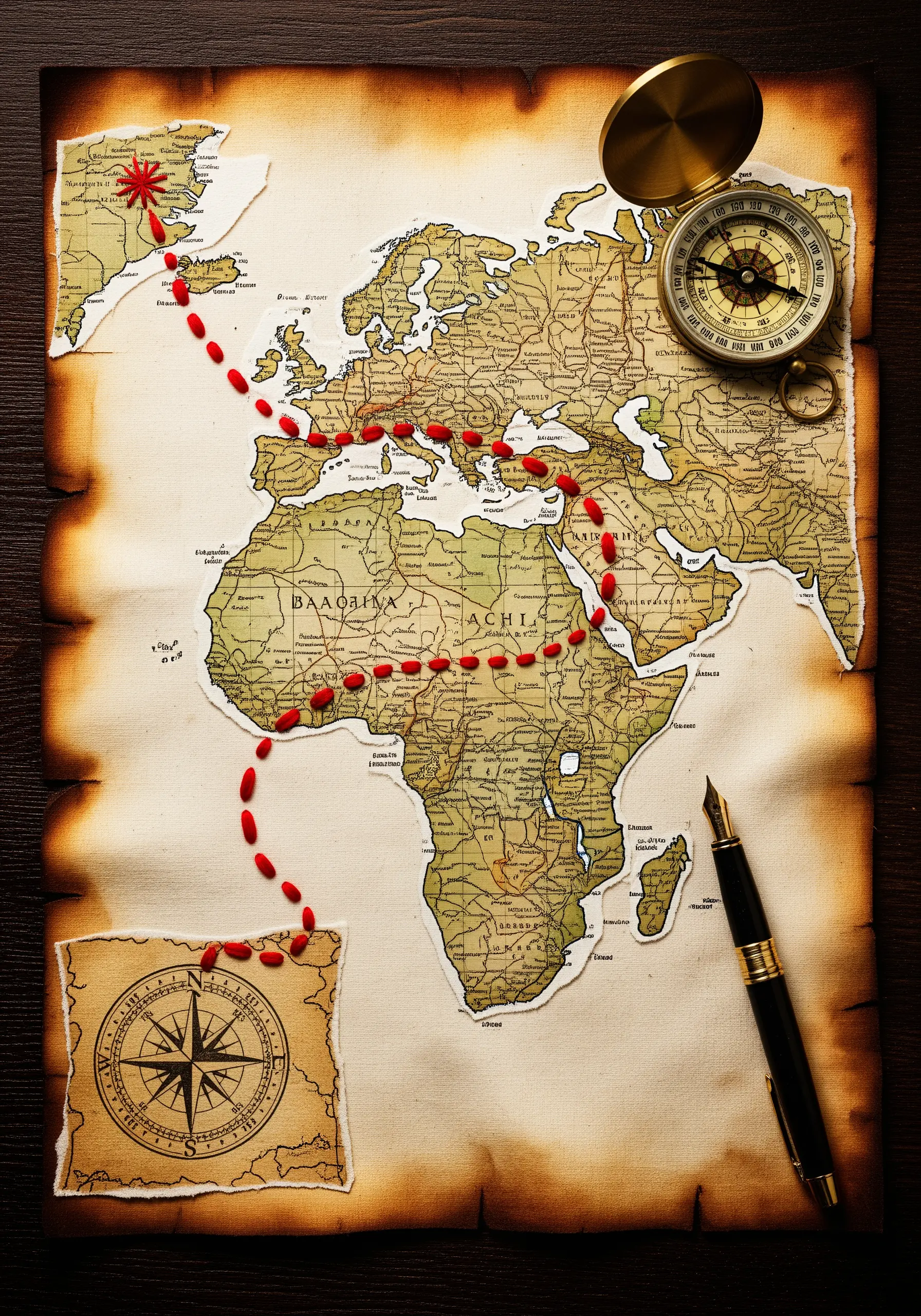 A vintage map with a travel route stitched in thick red thread.