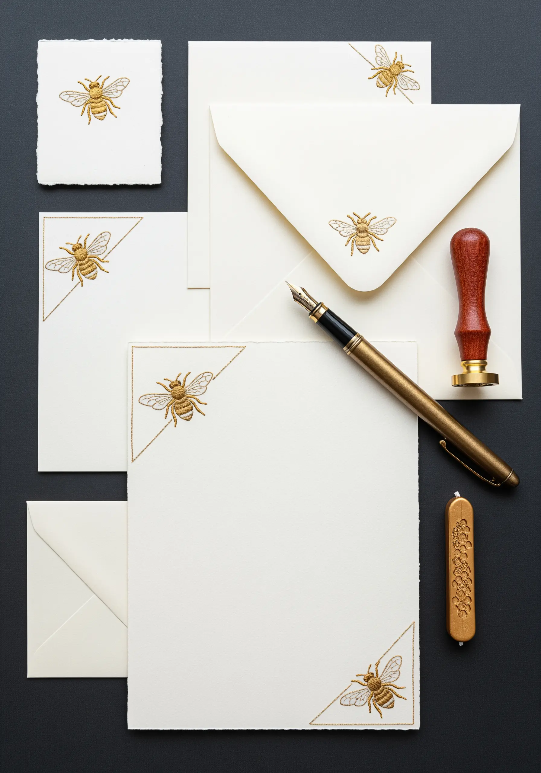 A set of elegant cream-colored stationery and envelopes with a small, detailed bee embroidered in the corner.