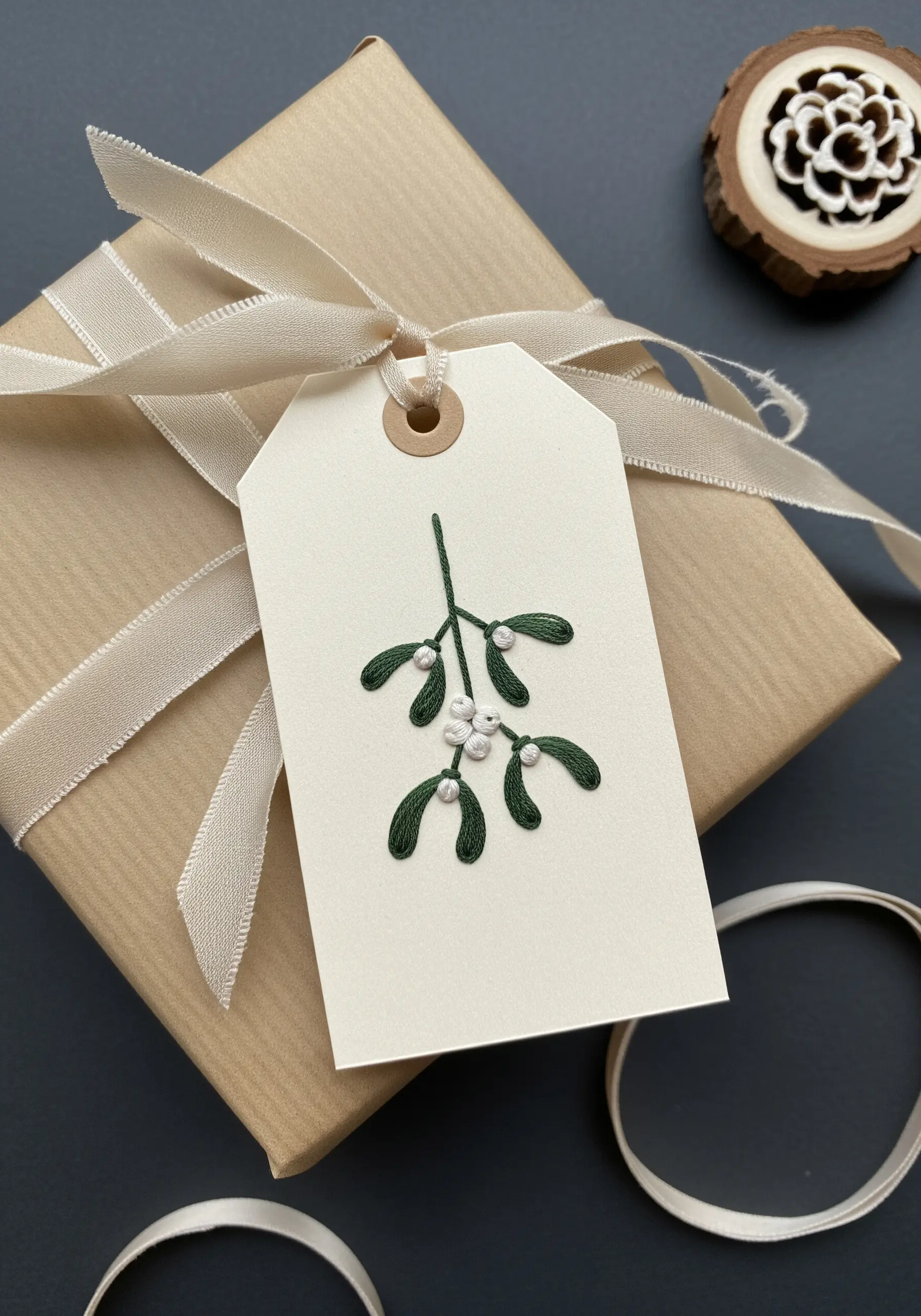 Hand-embroidered mistletoe on a paper gift tag with satin stitches and French knots.
