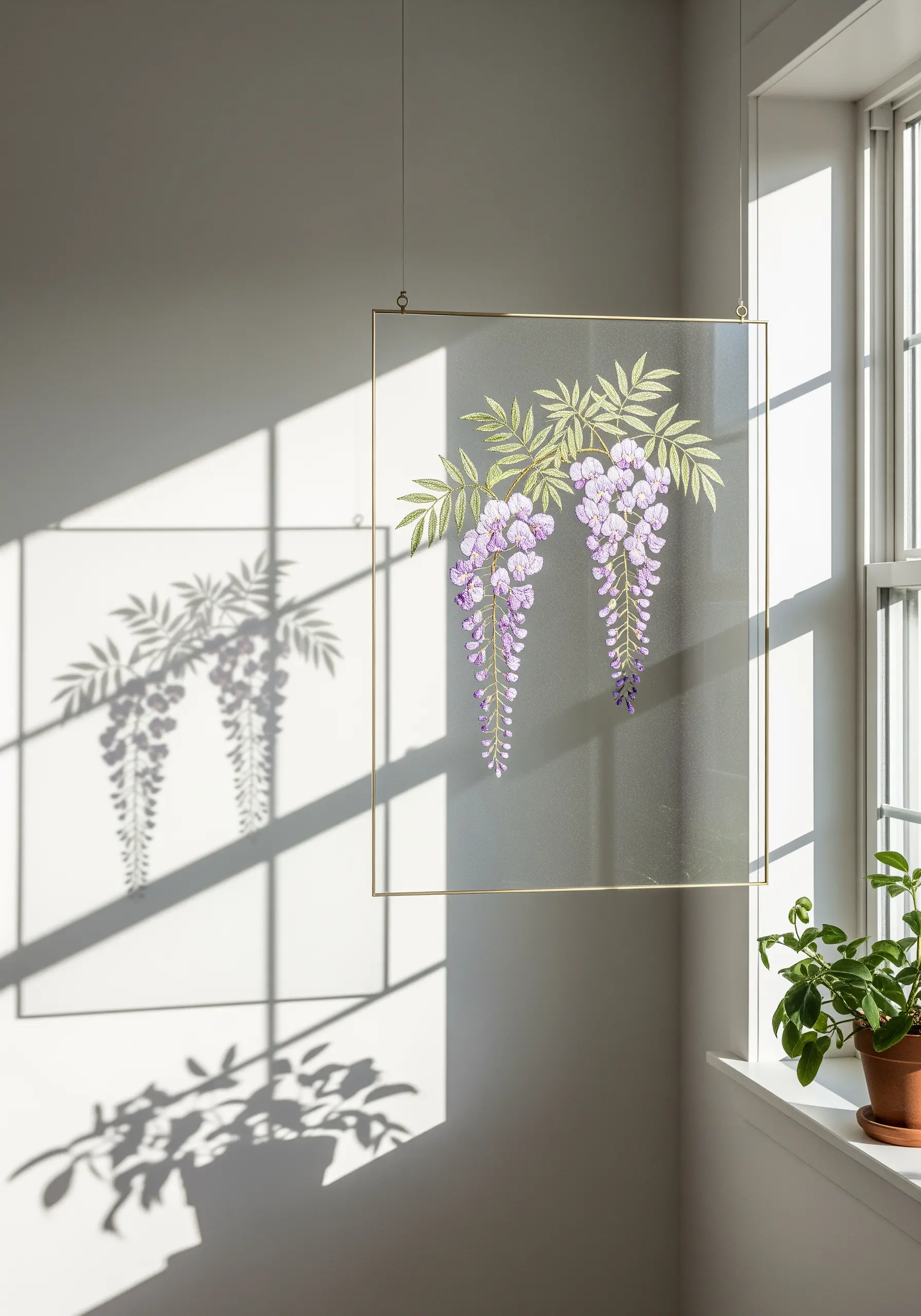Embroidery of wisteria branches on sheer fabric in a floating glass and brass frame.