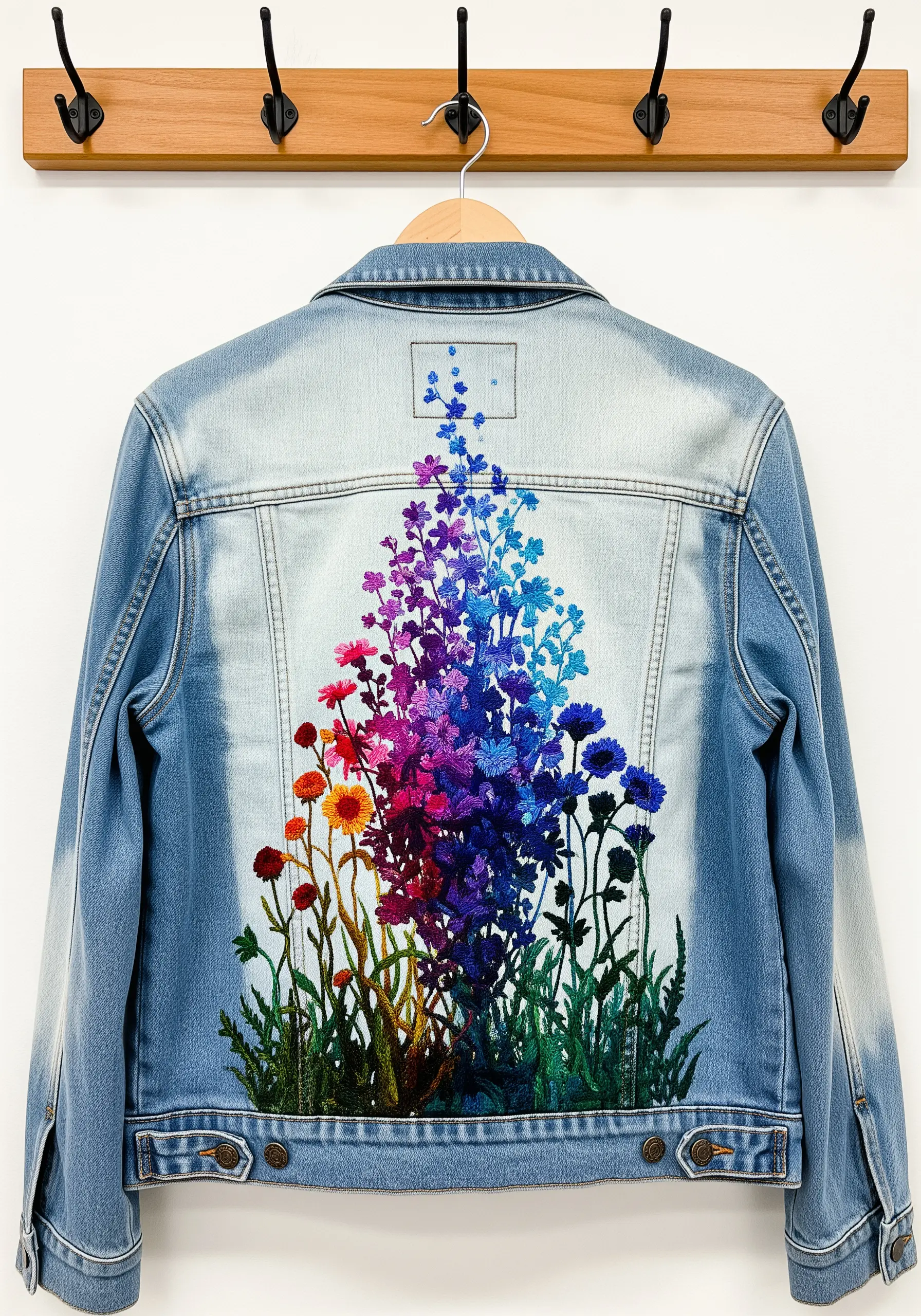 A vibrant rainbow gradient of wildflowers embroidered on the back of a denim jacket.
