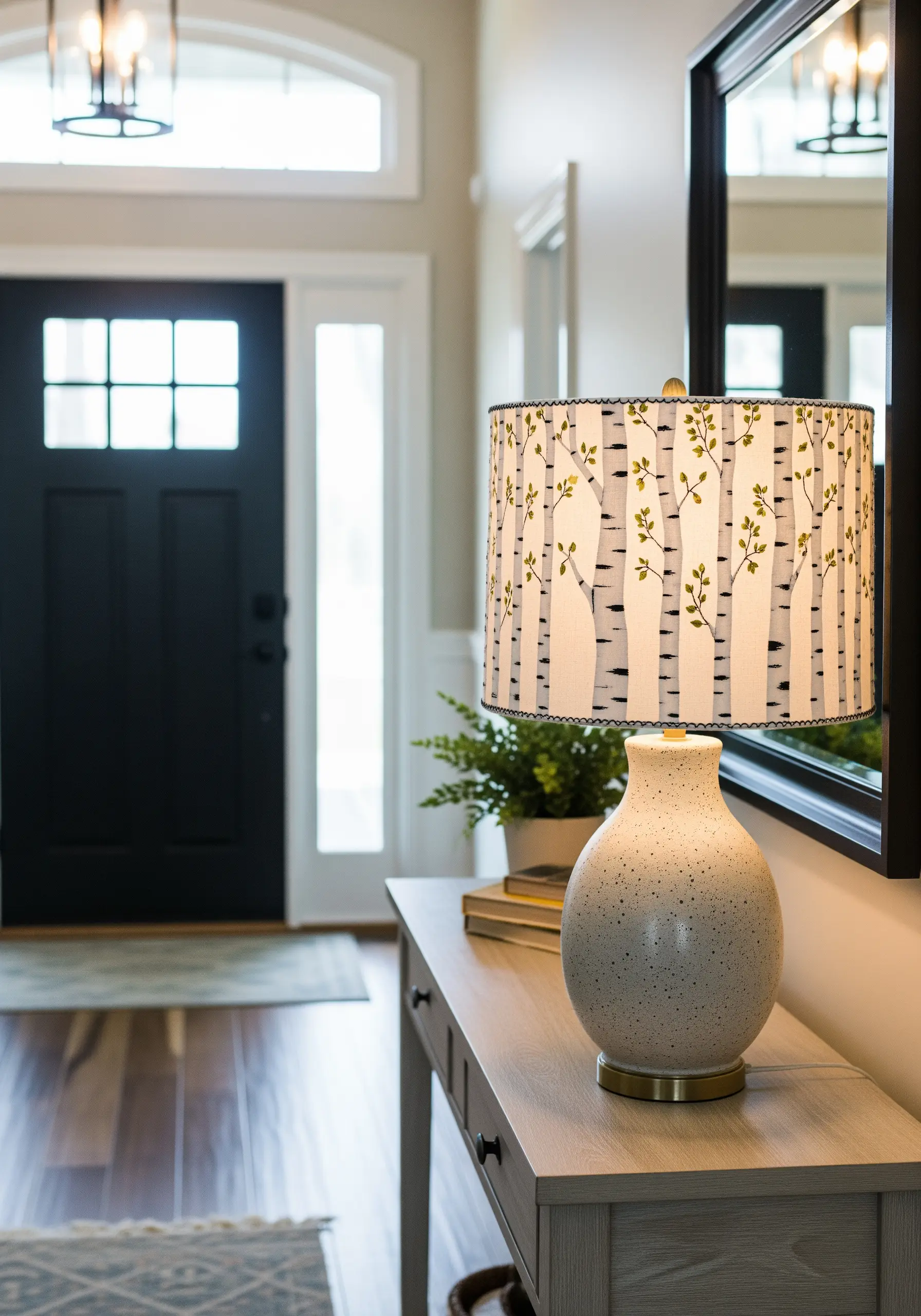 A drum lampshade embroidered with a pattern of birch tree trunks and leaves.
