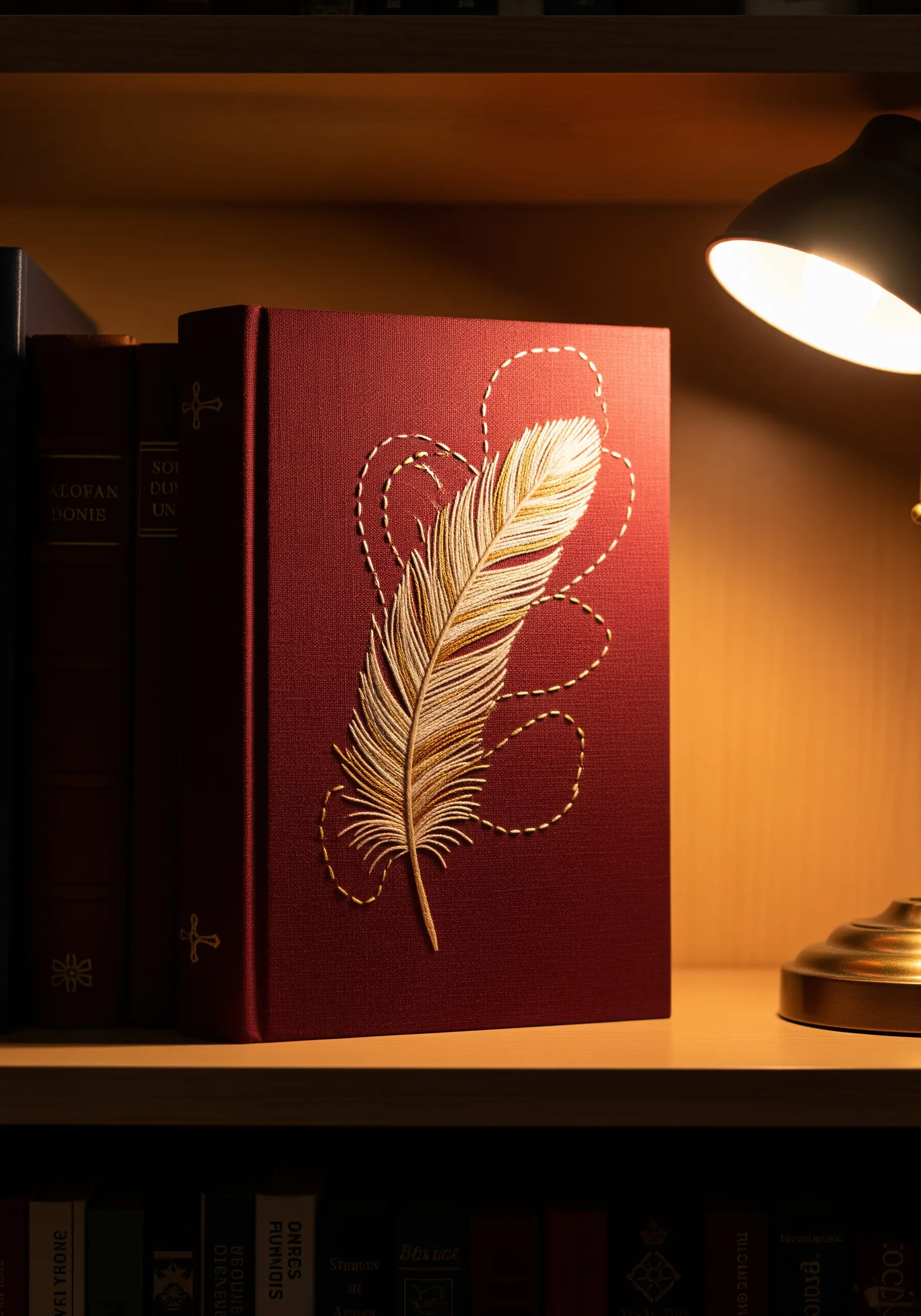 A delicate feather embroidered in gold and white thread on a red book cover.