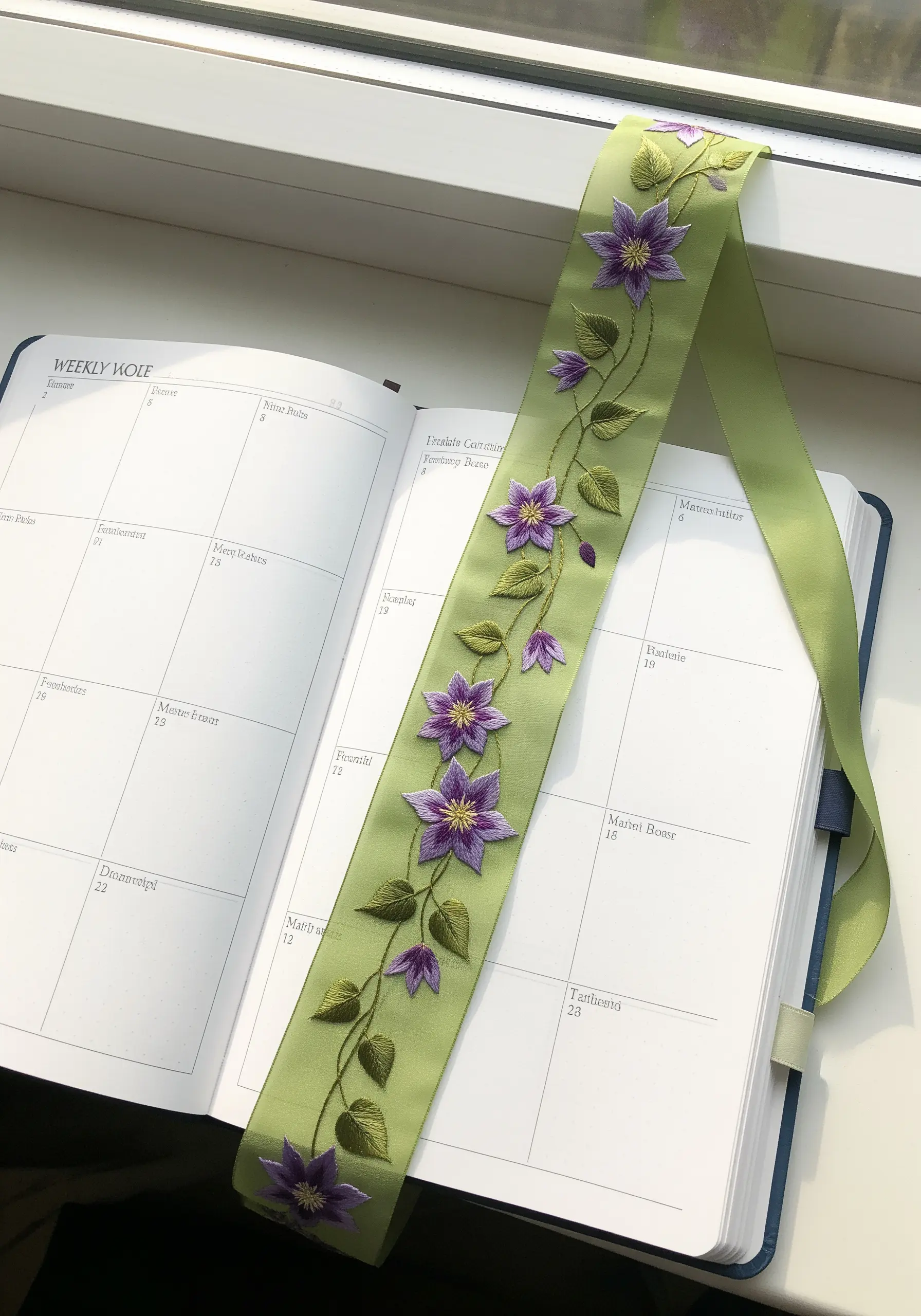 Purple clematis flowers and green leaves embroidered on a long, pale green satin ribbon bookmark.