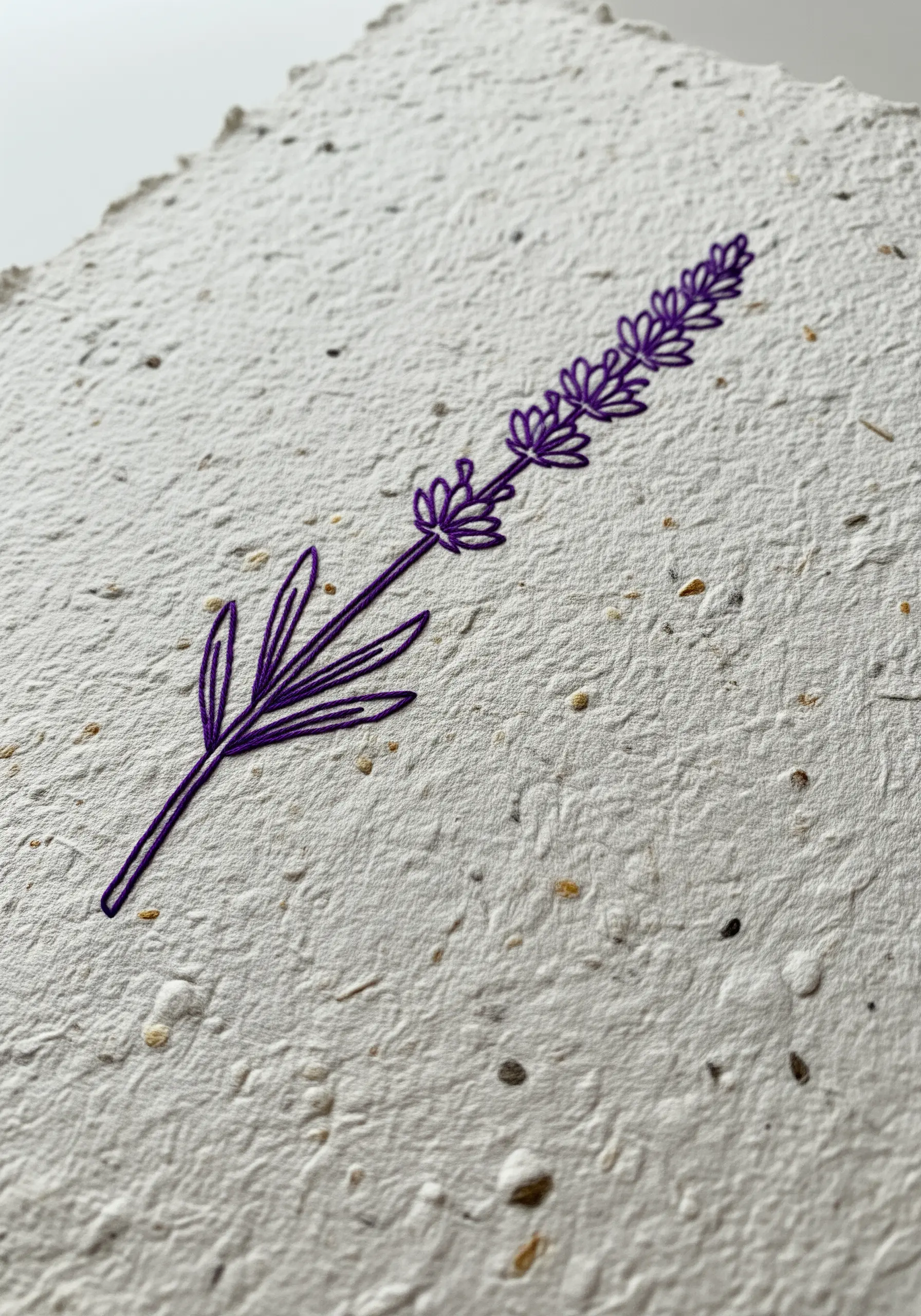 A simple outline of a lavender sprig embroidered in purple thread on textured, handmade seed paper.