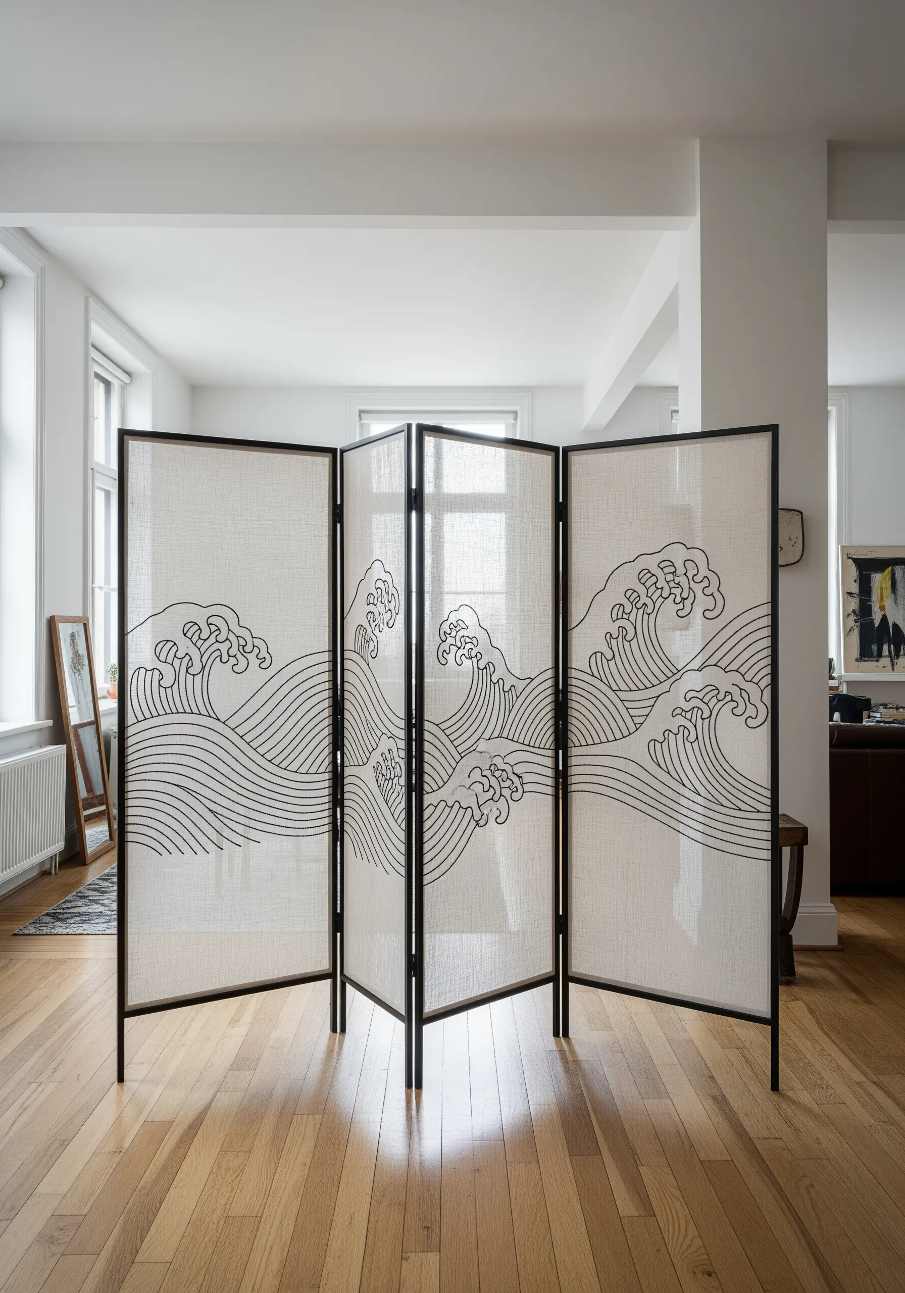 A four-panel folding screen with a Japanese-style wave design embroidered in black line art on sheer fabric.