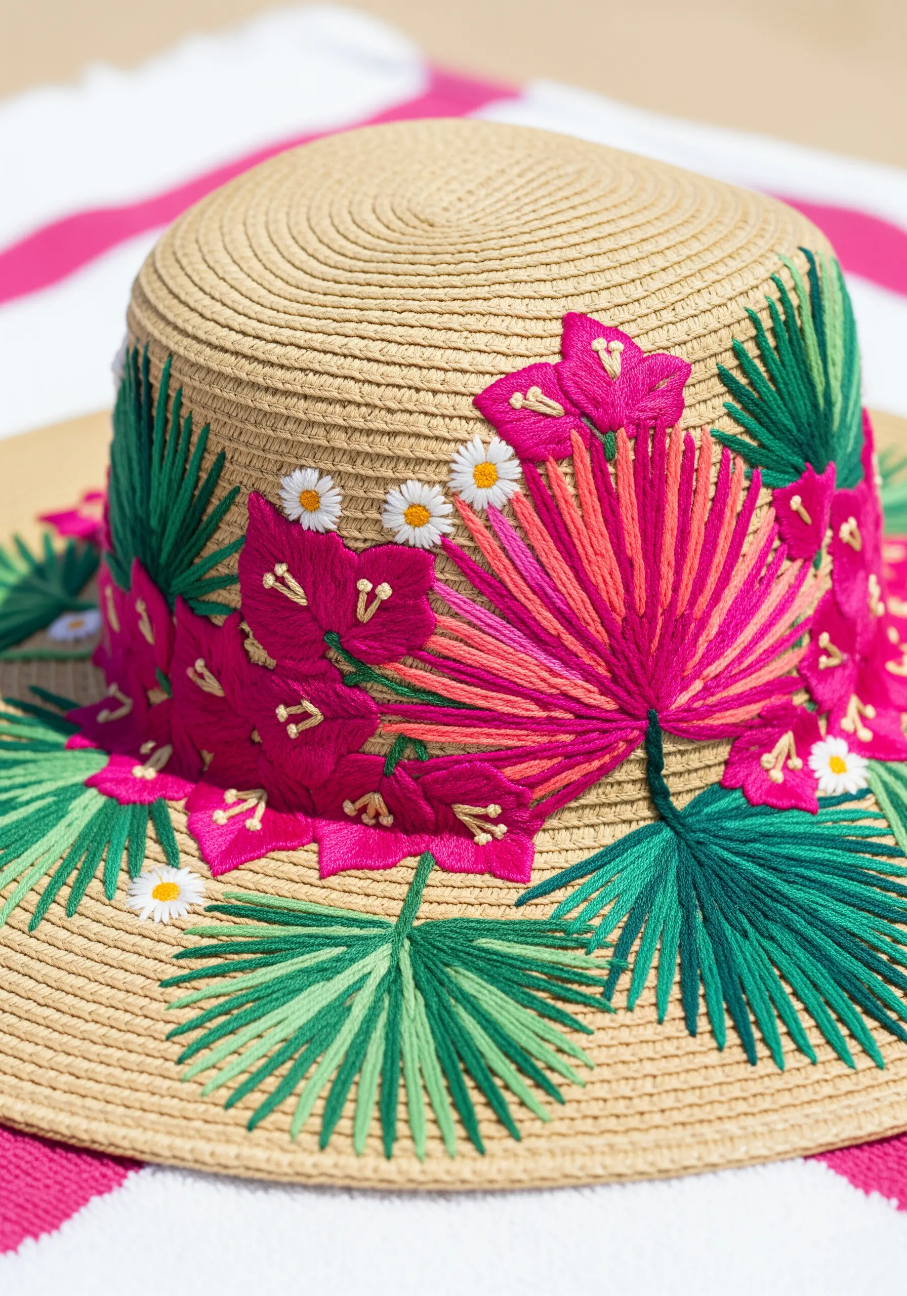 Bold, colorful flowers and leaves embroidered with thick yarn onto a woven straw sun hat.