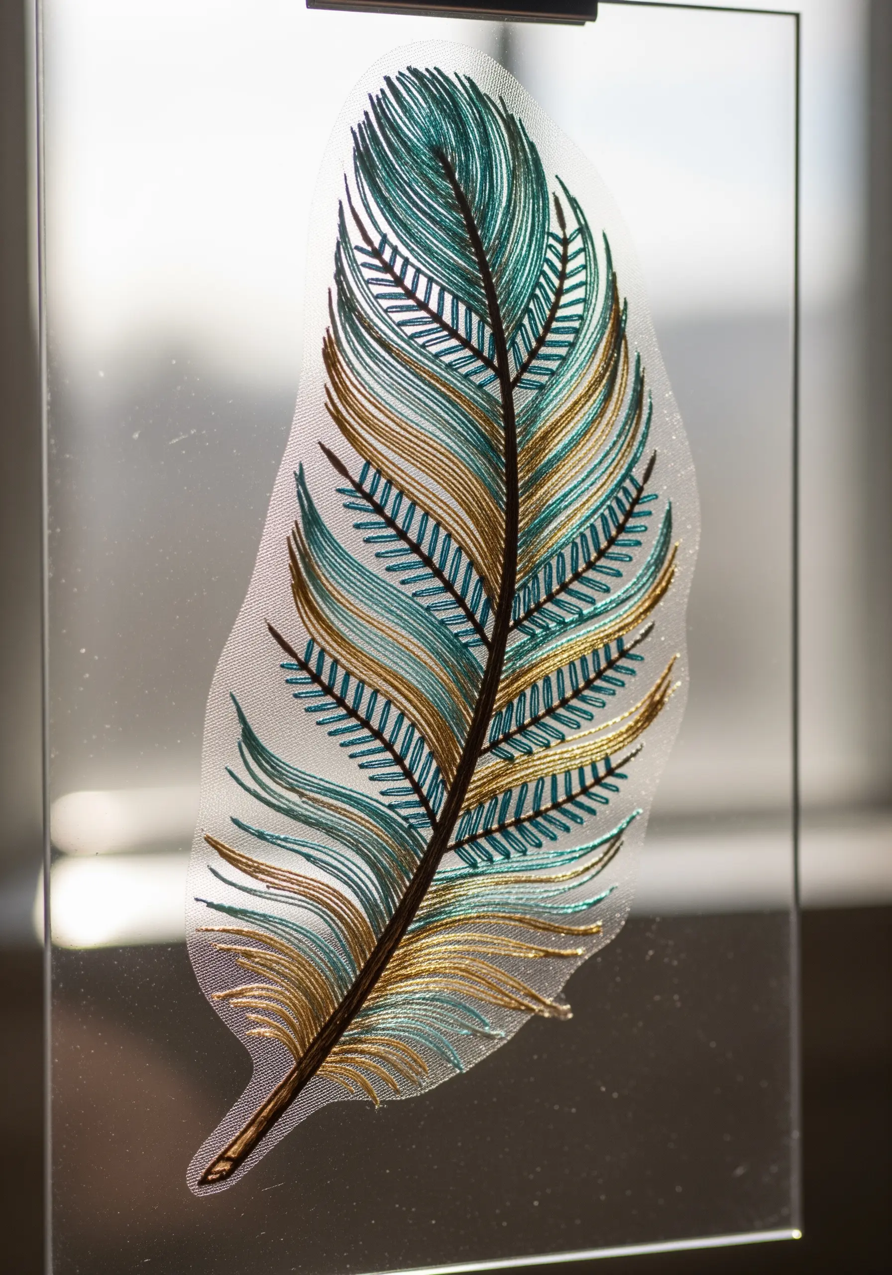 An embroidered feather stitched on sheer tulle, making it look like it's floating.