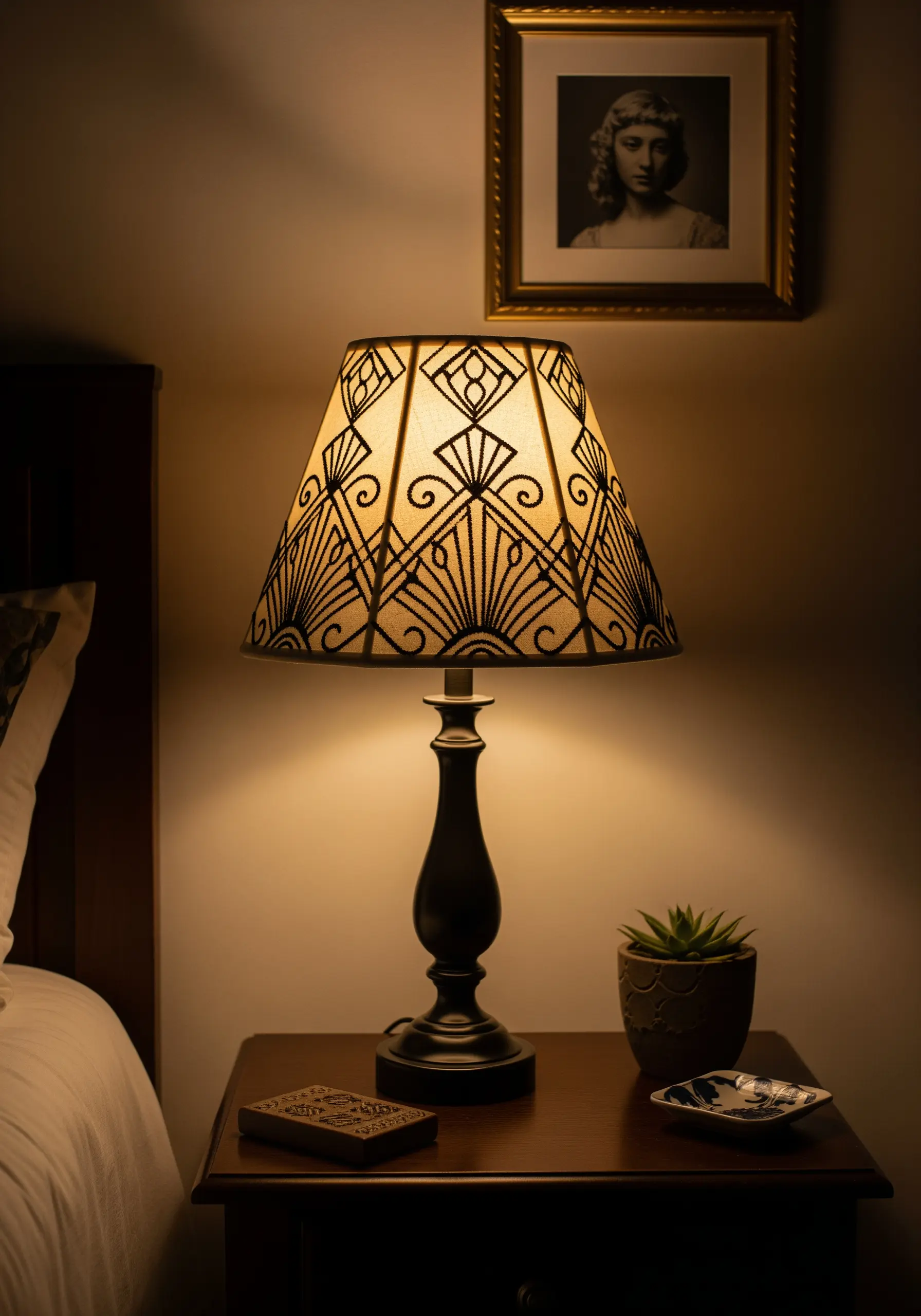 Black thread Art Deco patterns embroidered on a fabric lampshade, casting shadows.