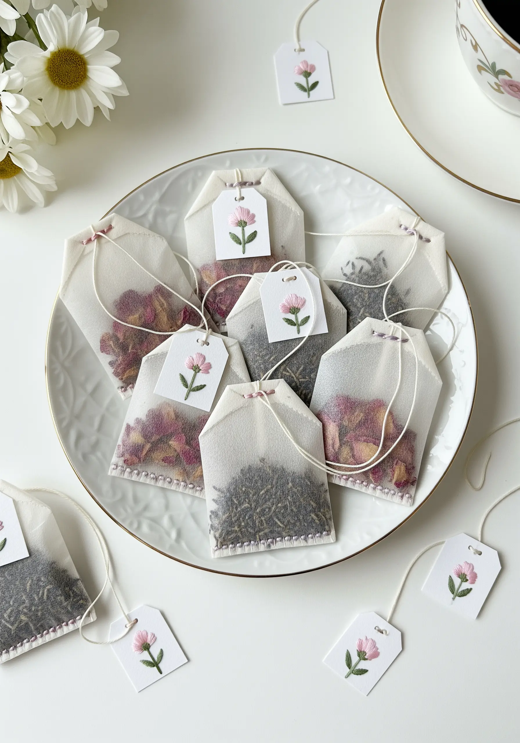 Handmade tea bags with small paper tags, each featuring a tiny embroidered pink flower.