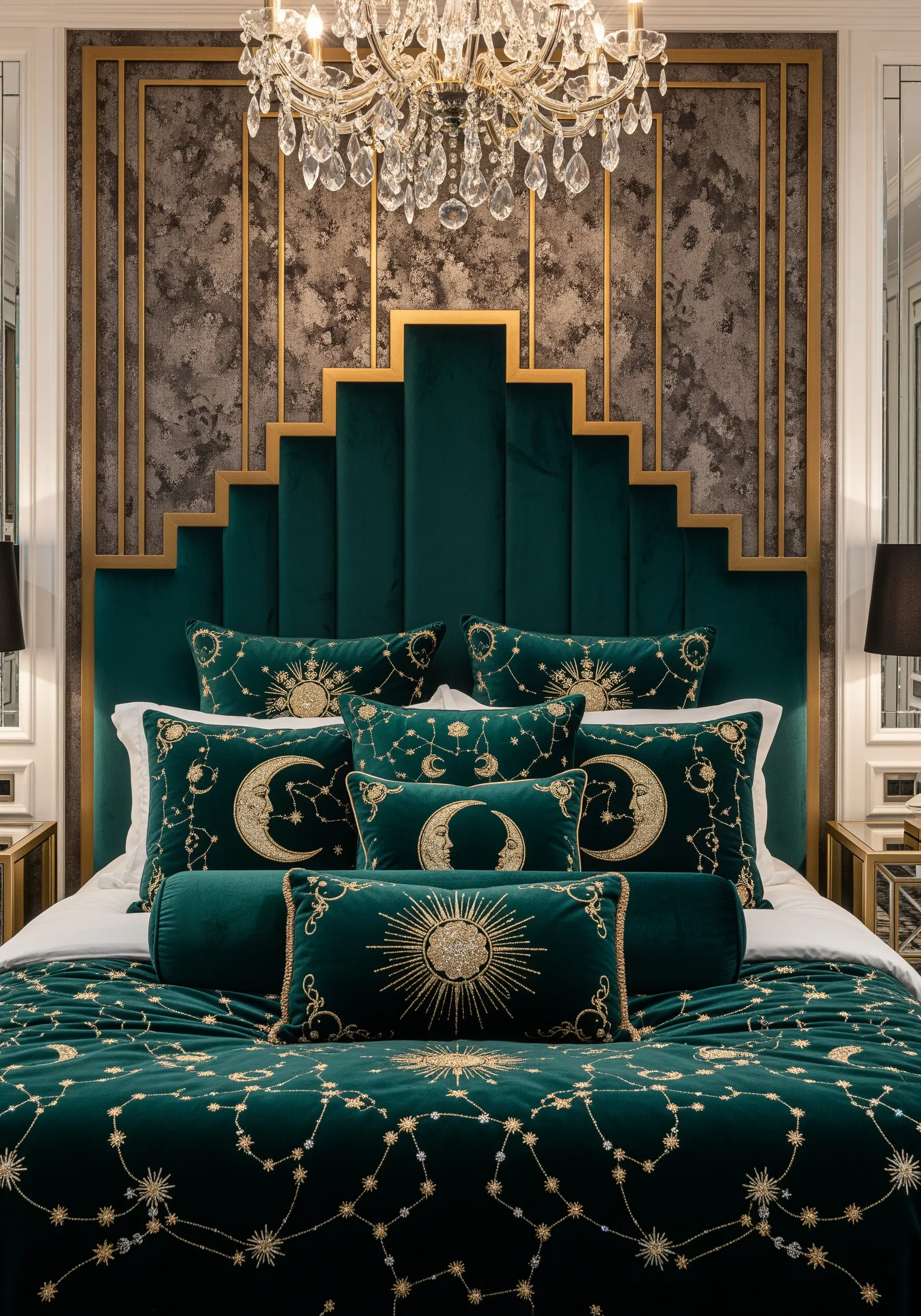 Emerald green velvet pillows and duvet embroidered with gold celestial motifs.