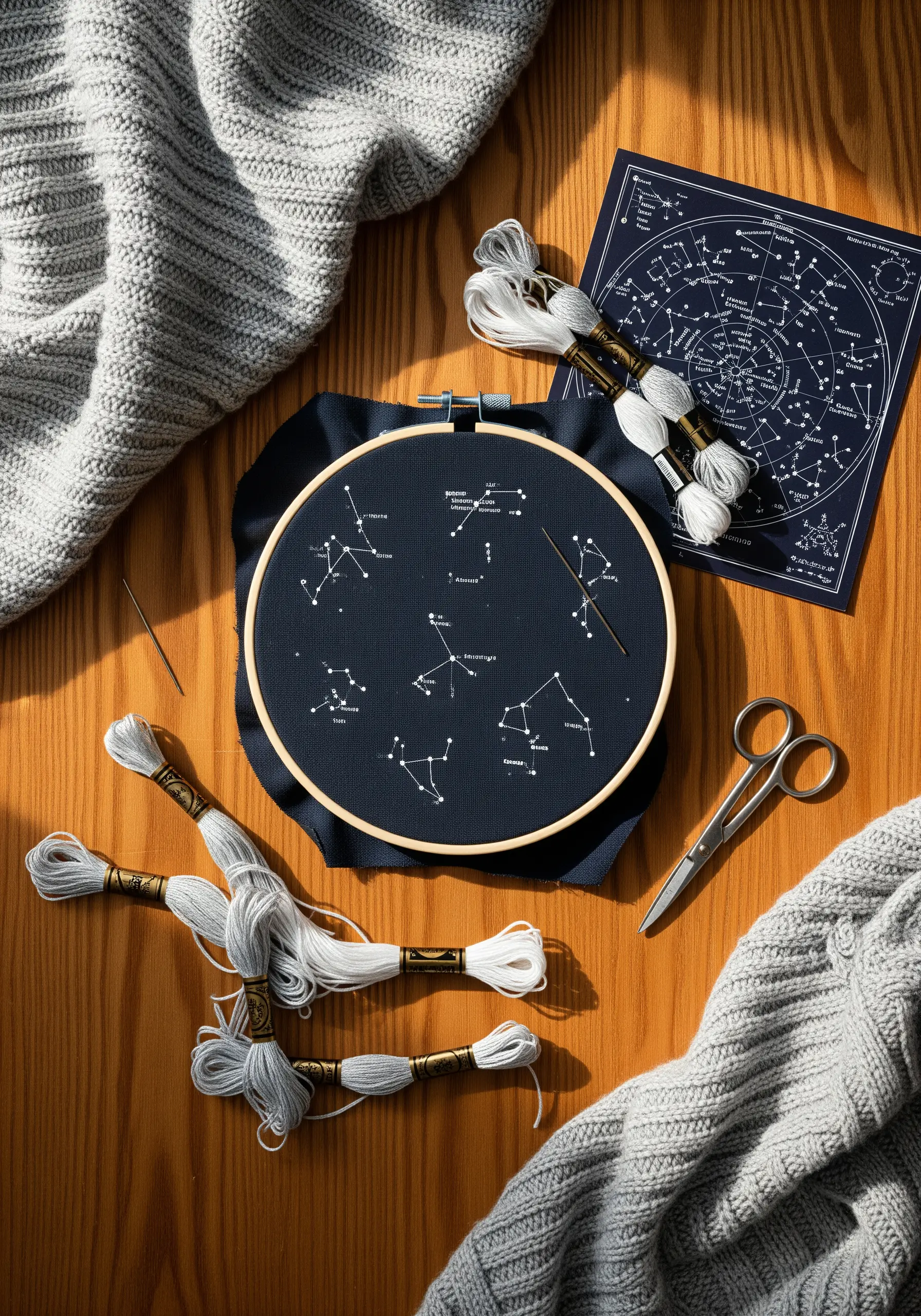 An embroidery hoop on a wooden table showing multiple constellations stitched in white on navy fabric.