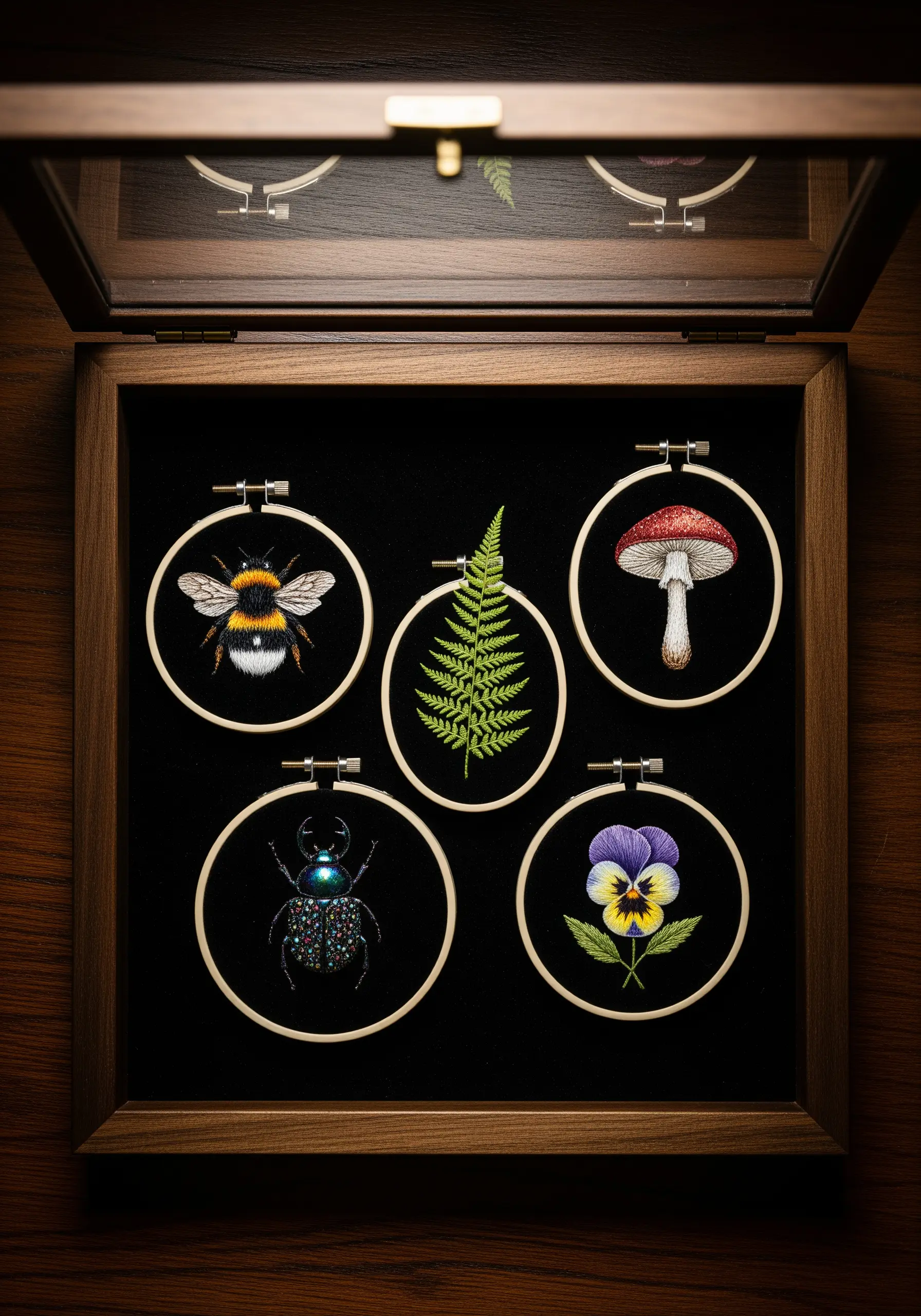 A wooden shadow box displaying five mini embroidery hoops with a bee, fern, mushroom, and beetle.