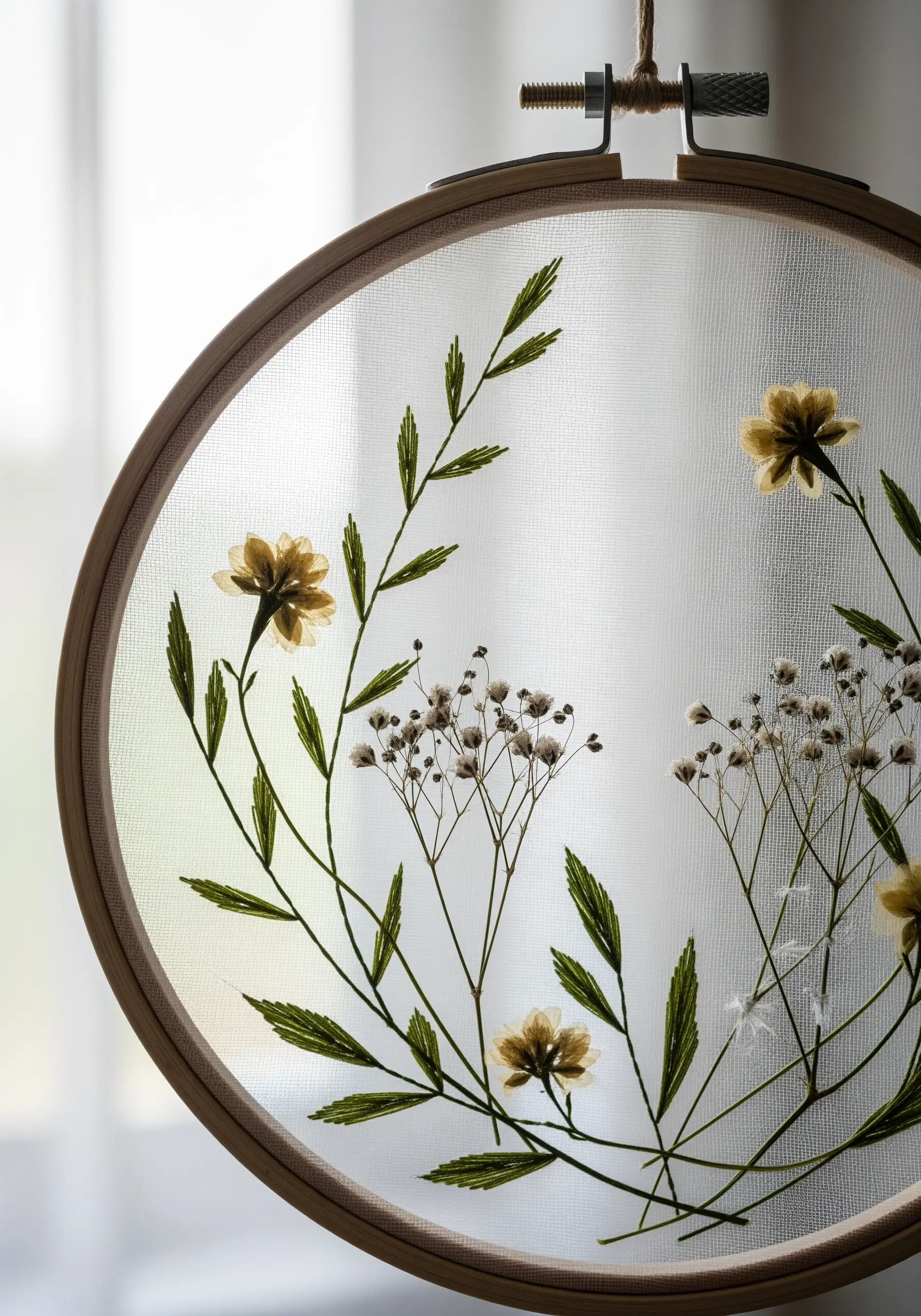Delicate embroidery on sheer fabric combining stitched stems with real pressed flowers in a hoop.