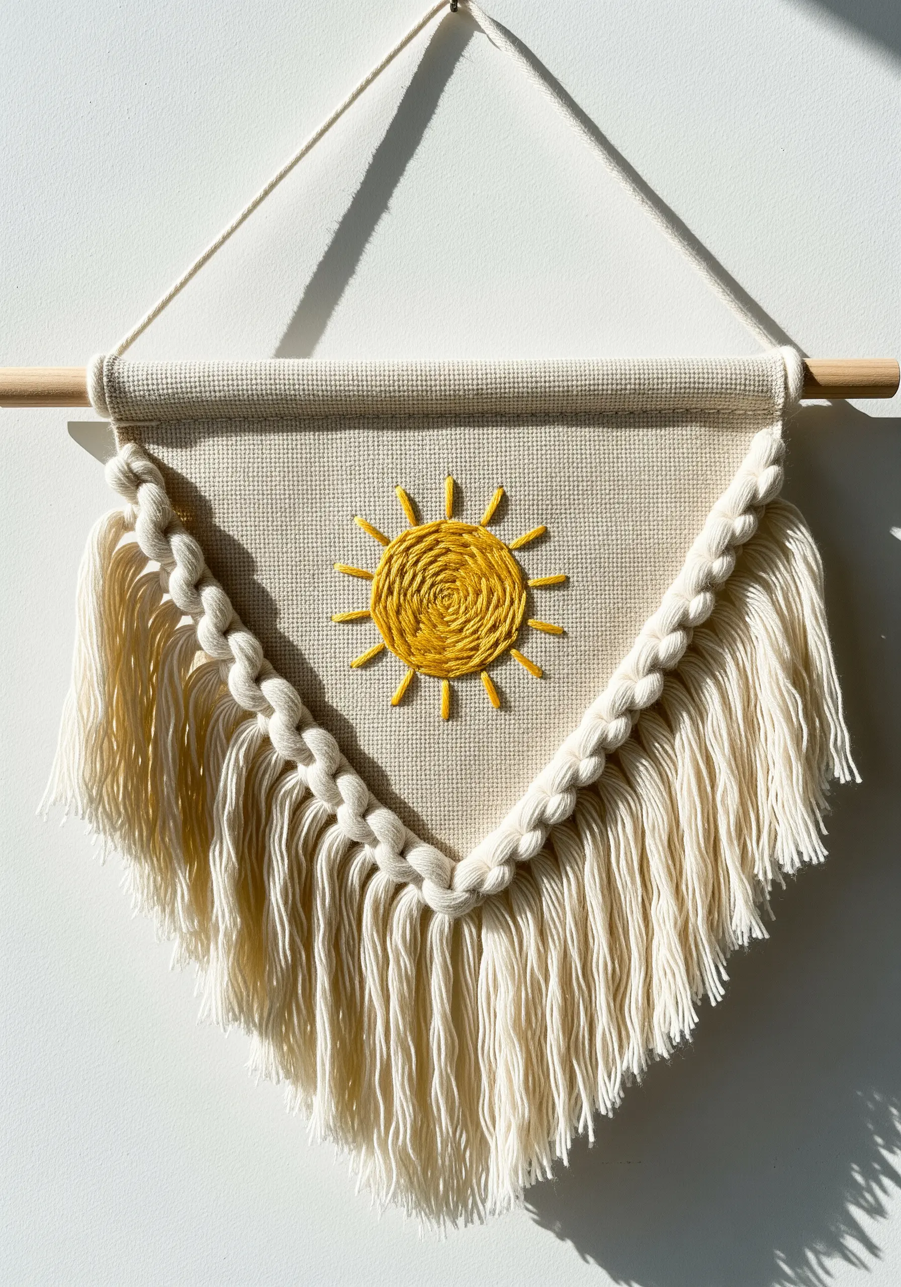 A small triangular banner with an embroidered sun, bordered by macrame knots and fringe.