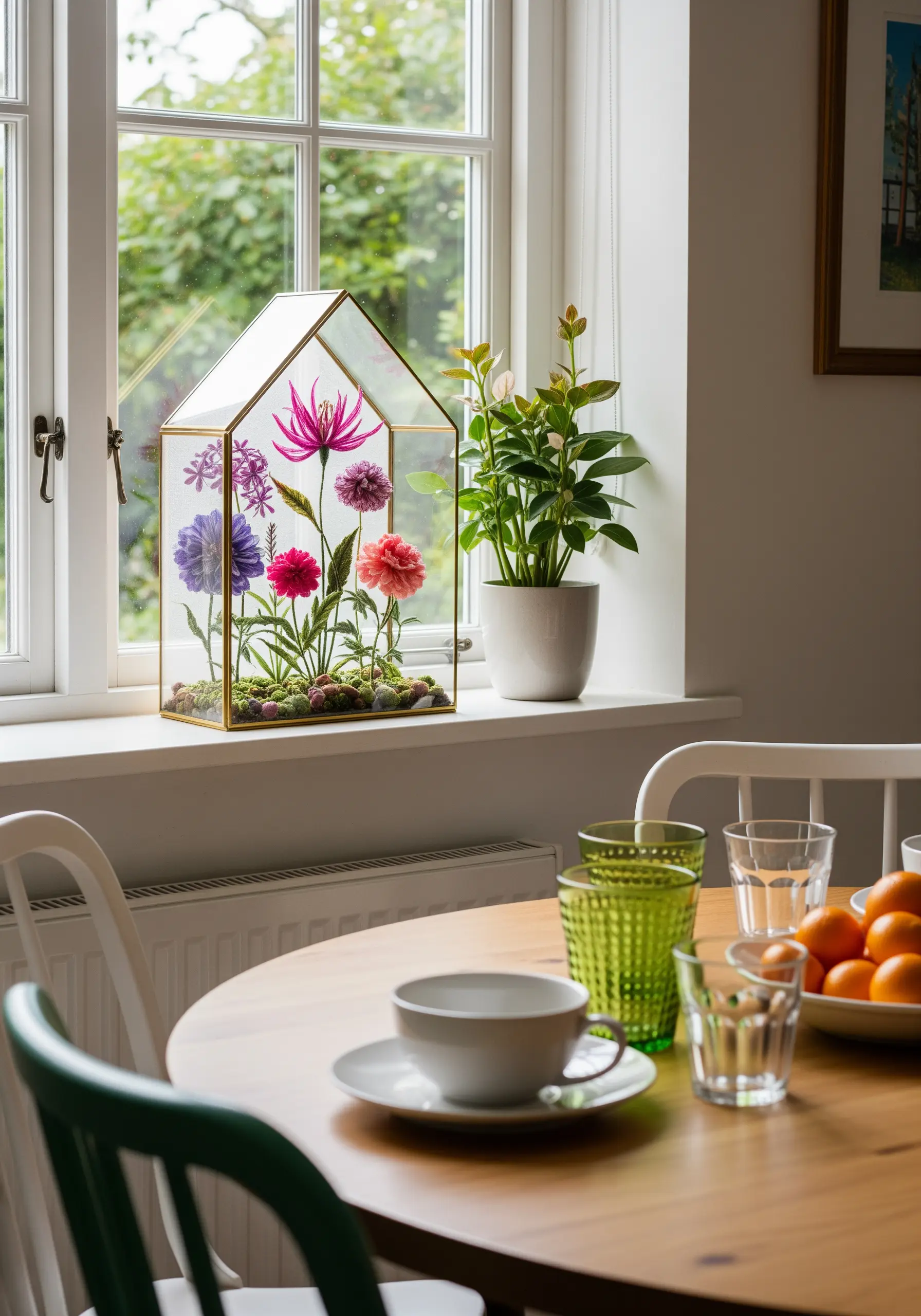 Embroidery of colorful flowers on sheer fabric displayed inside a glass terrarium house.