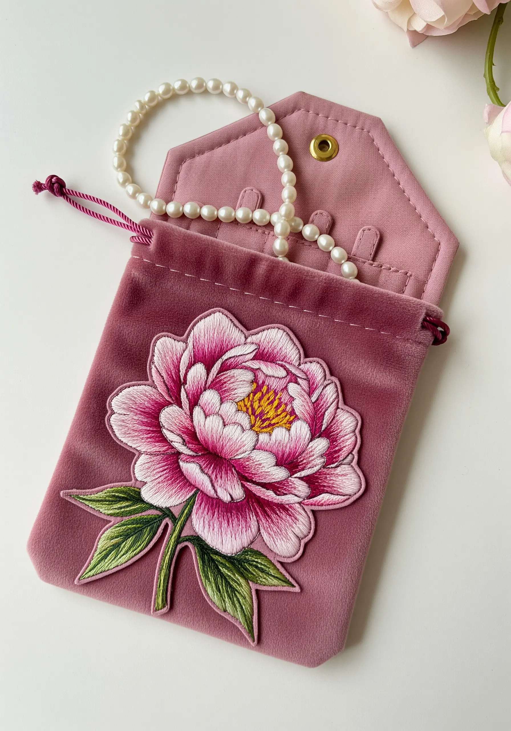 A large, detailed embroidered peony with pink and white petals on a pink velvet pouch.