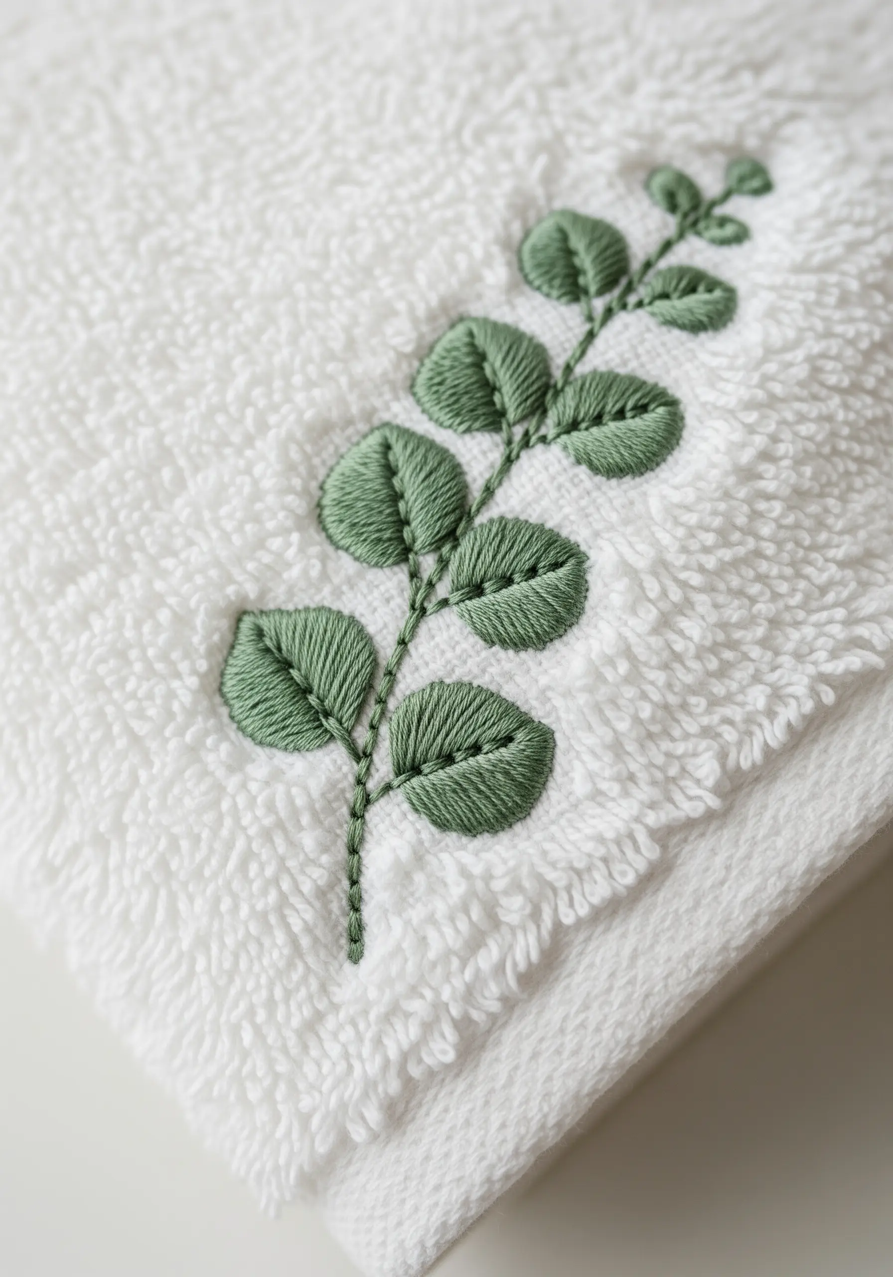A green eucalyptus branch with satin-stitched leaves embroidered on a fluffy white towel.