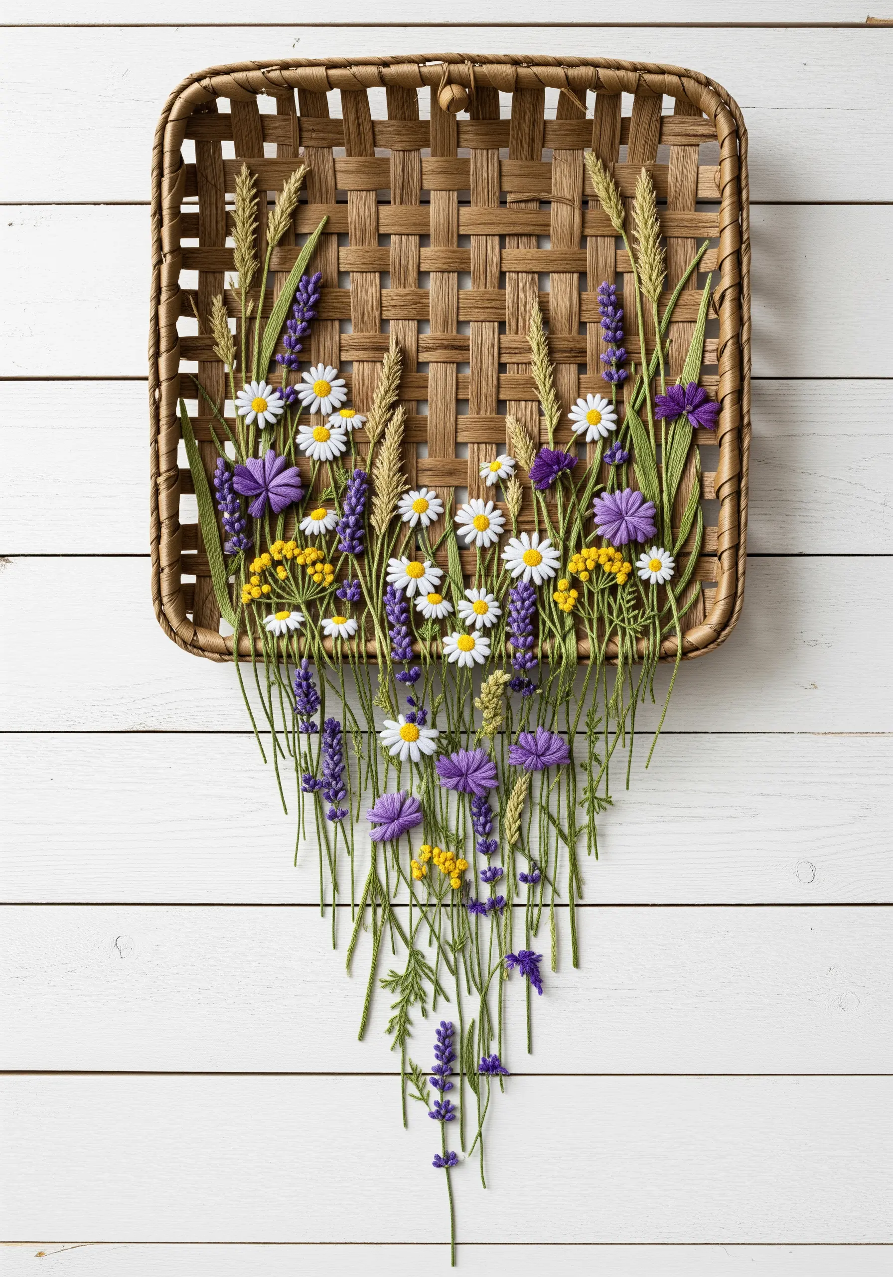 A woven hanging basket overflowing with embroidered and thread-wrapped wildflowers.