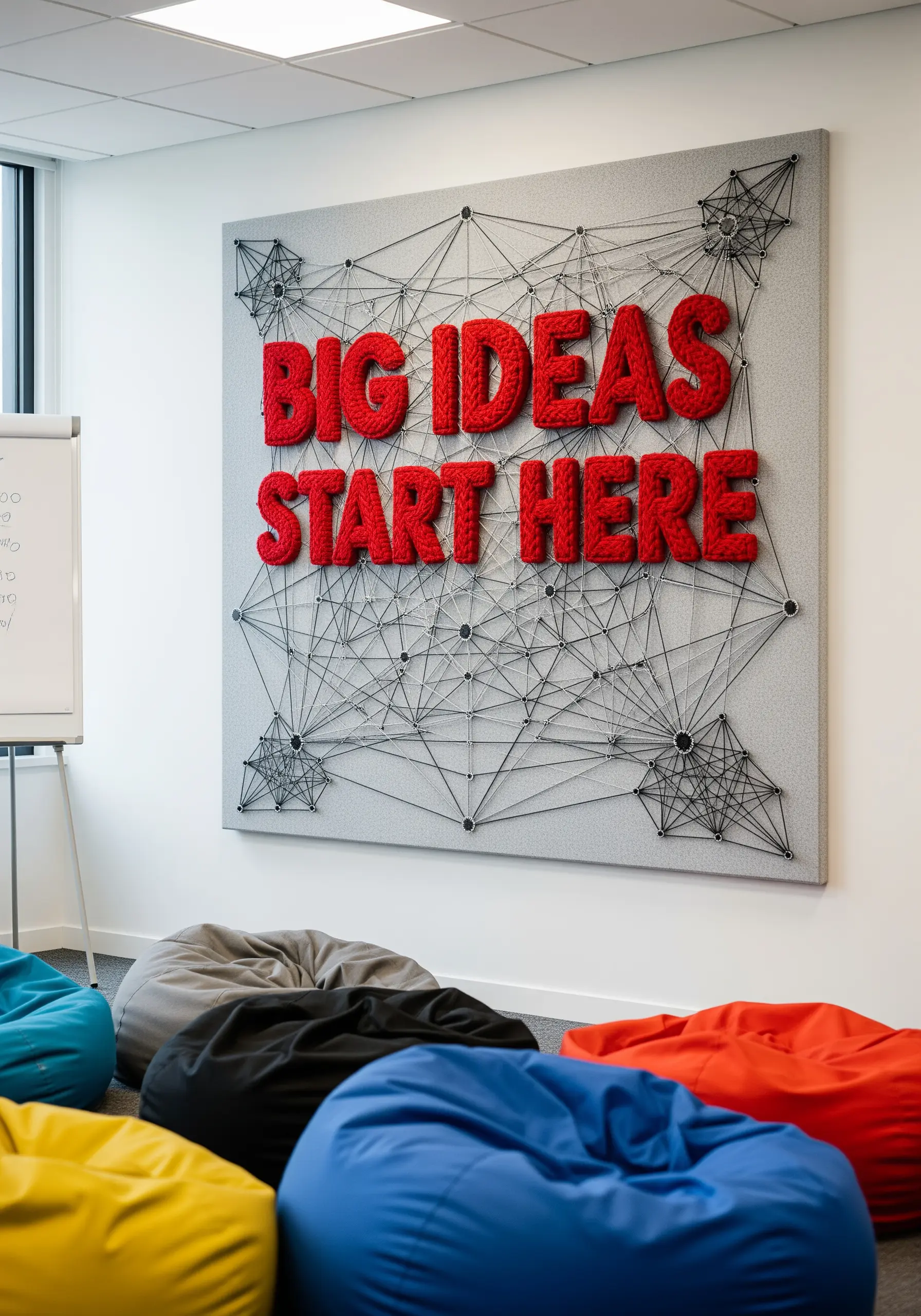 Large-scale string art with 'BIG IDEAS START HERE' in chunky red yarn over a grey network pattern.