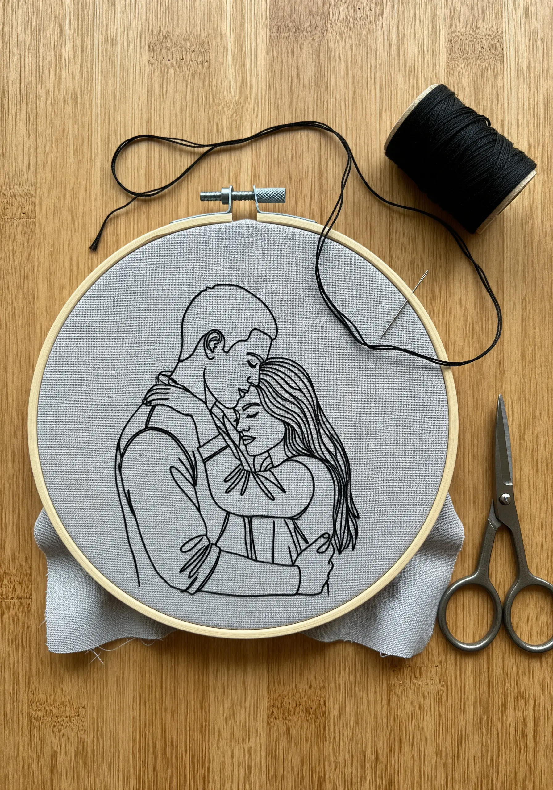 A tender embrace between a couple, stitched in black thread on a light gray fabric.