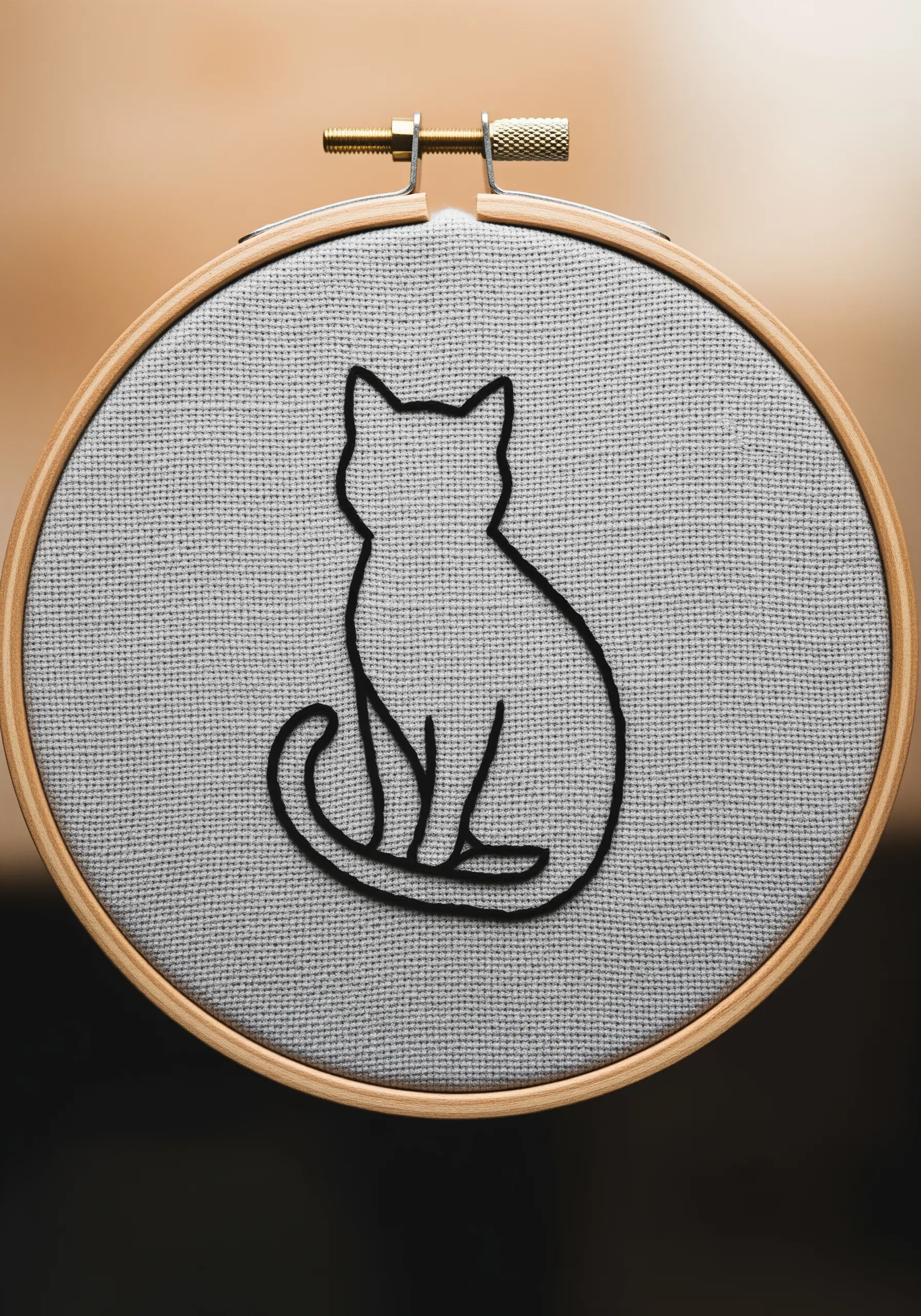 A minimal black outline of a sitting cat stitched on light gray Aida cloth.