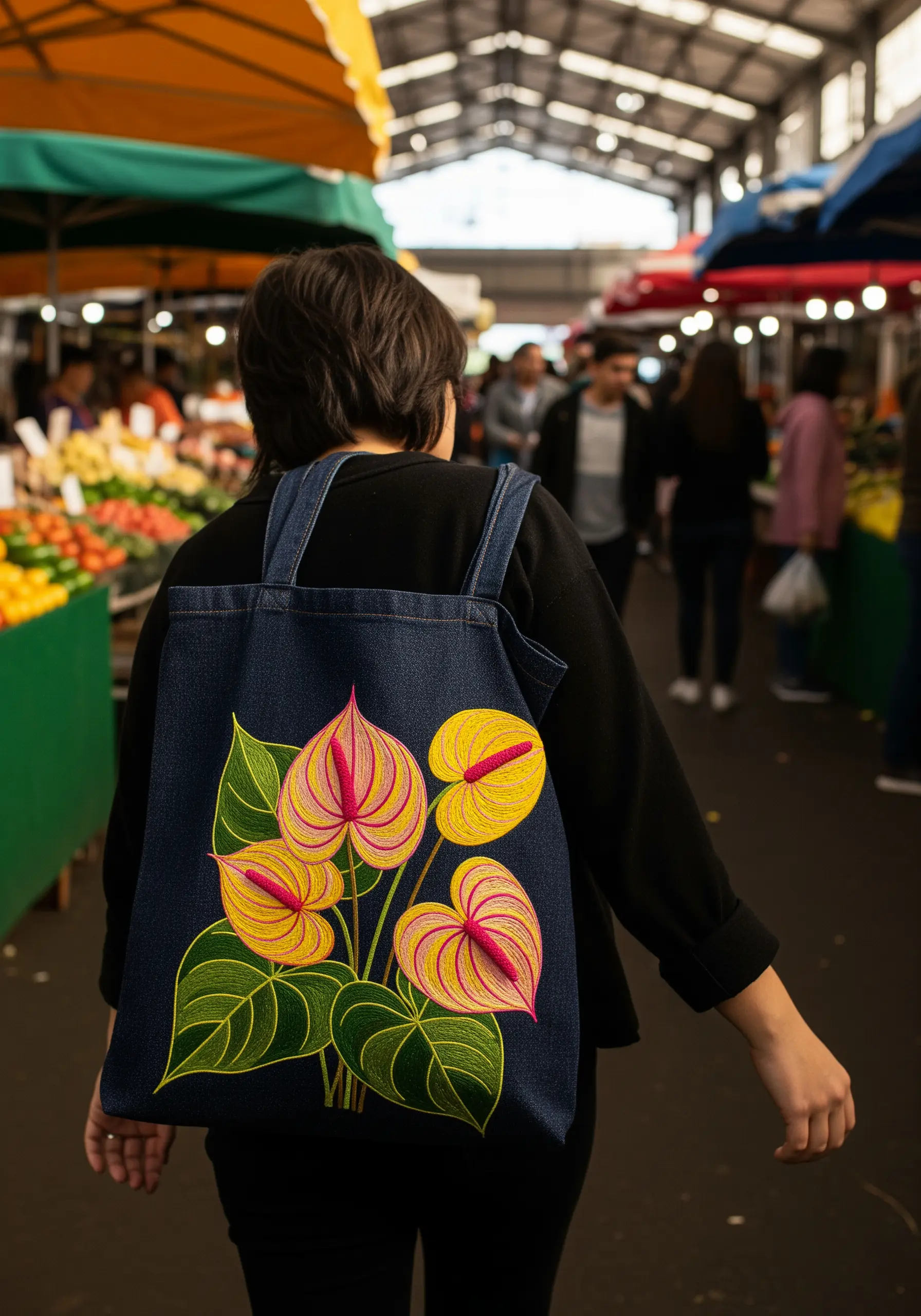 A bouquet of pink and yellow anthurium flowers embroidered on the side of a dark denim tote bag.