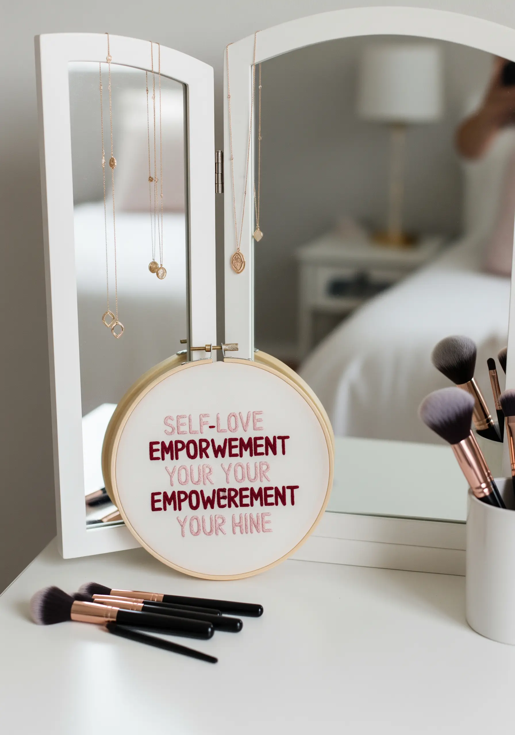 An empowering quote embroidered with bold satin stitch in two different colors.