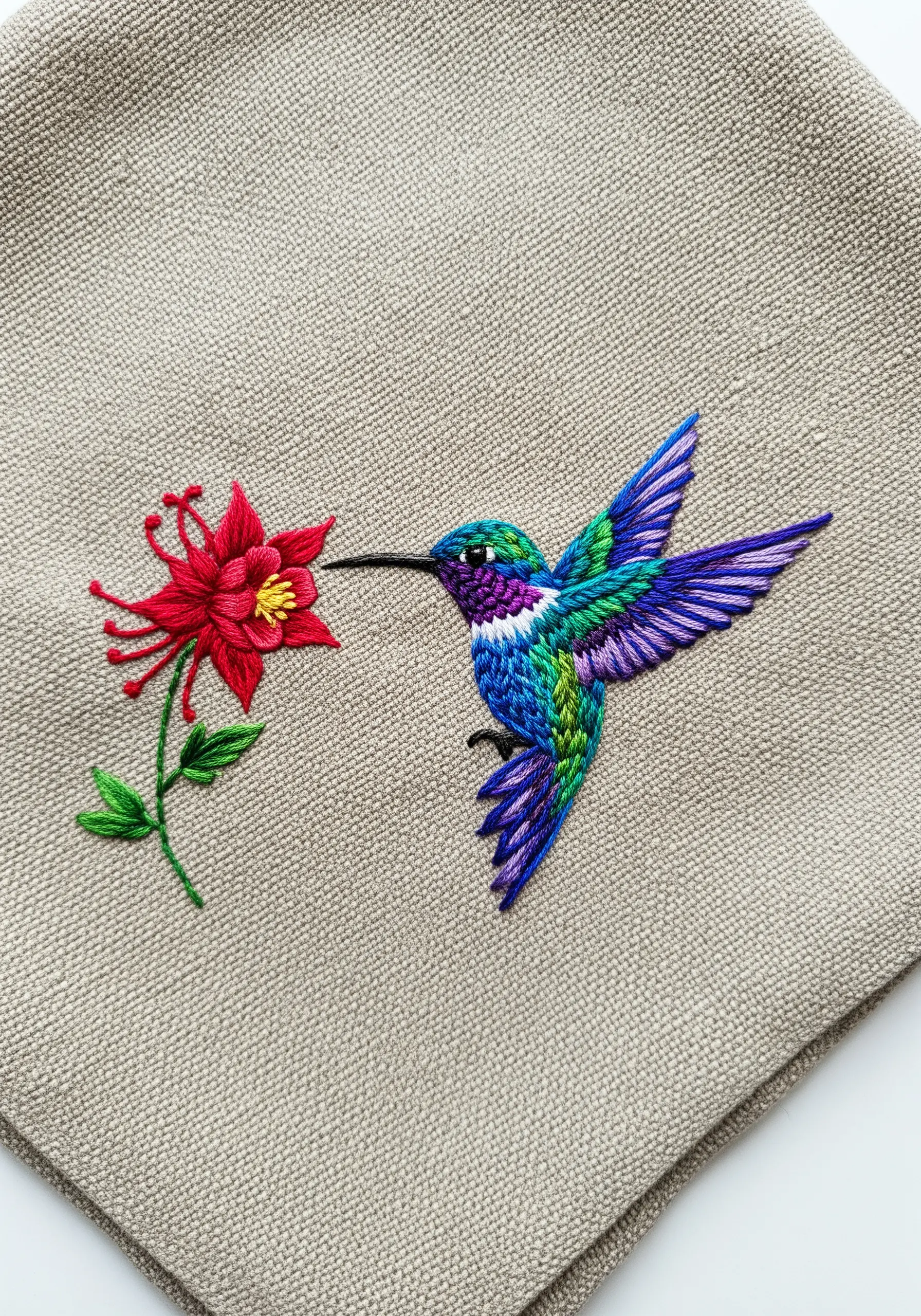 Vibrantly colored hummingbird and red flower stitched on coarse linen fabric.