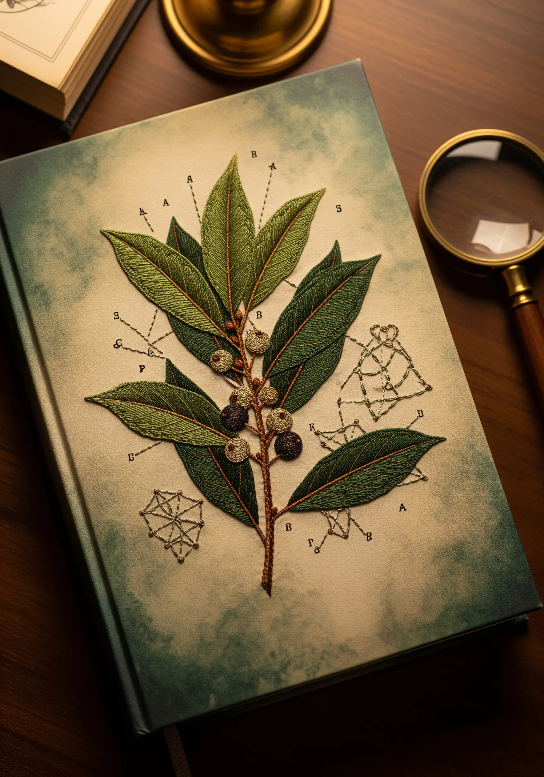 A realistically embroidered botanical illustration of a bay leaf branch on a journal cover.